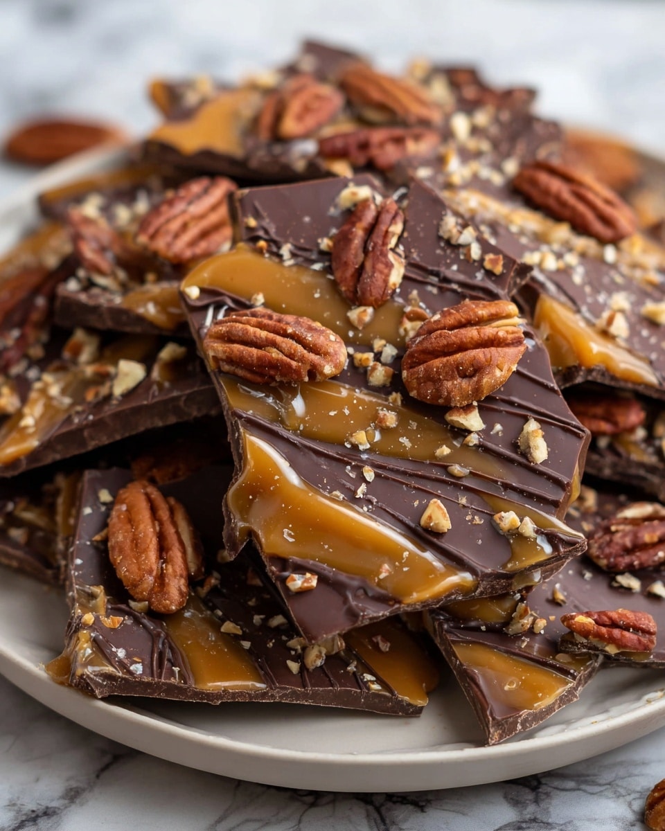 The image shows a pile of broken chocolate bark pieces arranged on a white plate on a white marbled surface. Each piece has a dark brown chocolate base with swirls of golden caramel spread unevenly on top. The caramel layer is glossy and smooth, done in irregular patterns covering parts of the chocolate. On top of both layers, there are whole and chopped pecan nuts scattered freely, their warm brown color and textured surface standing out against the chocolate and caramel. Thin, dark chocolate drizzles add extra detail, forming thin lines across the caramel and nuts. Photo taken with an iphone --ar 4:5 --v 7