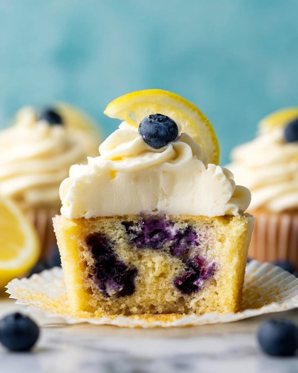 A close-up of a cupcake cut in half showing three layers: the bottom layer is a light yellow cake mixed with dark purple blueberry pieces, the middle layer is the same cake texture blending with blueberries, and the top layer is thick white creamy frosting swirled smoothly with a small blueberry and a thin slice of lemon placed at the peak. The cupcake sits in a white paper liner on a white marbled surface, with a few blurred cupcakes and blueberries in the blue background. Photo taken with an iphone --ar 4:5 --v 7