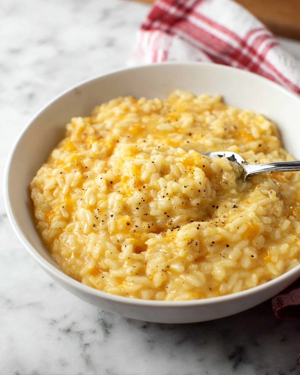 A white bowl filled with creamy cheesy risotto that has a soft, thick texture and a warm yellow-orange color mixed throughout, topped with small specks of black pepper. The risotto is partly scooped with a metal fork that is inside the bowl, showing the creamy, slightly glossy grains of rice. The bowl sits on a white marbled surface with a blurred red-and-white cloth in the background. photo taken with an iphone --ar 4:5 --v 7