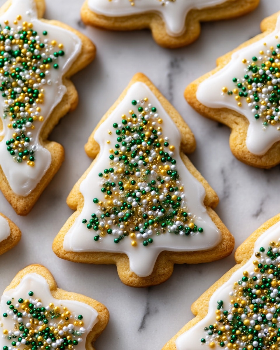 The image shows several tree-shaped cookies with three layers: a bottom layer of golden-brown baked dough, a middle layer of smooth white icing that covers the whole surface of each cookie, and a top layer of small round sprinkles in green, gold, and white colors clustered mostly in the center. The texture of the icing is shiny and slightly glossy, and some of the sprinkle colors catch the light, giving a sparkling look. The cookies are arranged closely together on a surface with a white marbled texture. Photo taken with an iphone --ar 4:5 --v 7