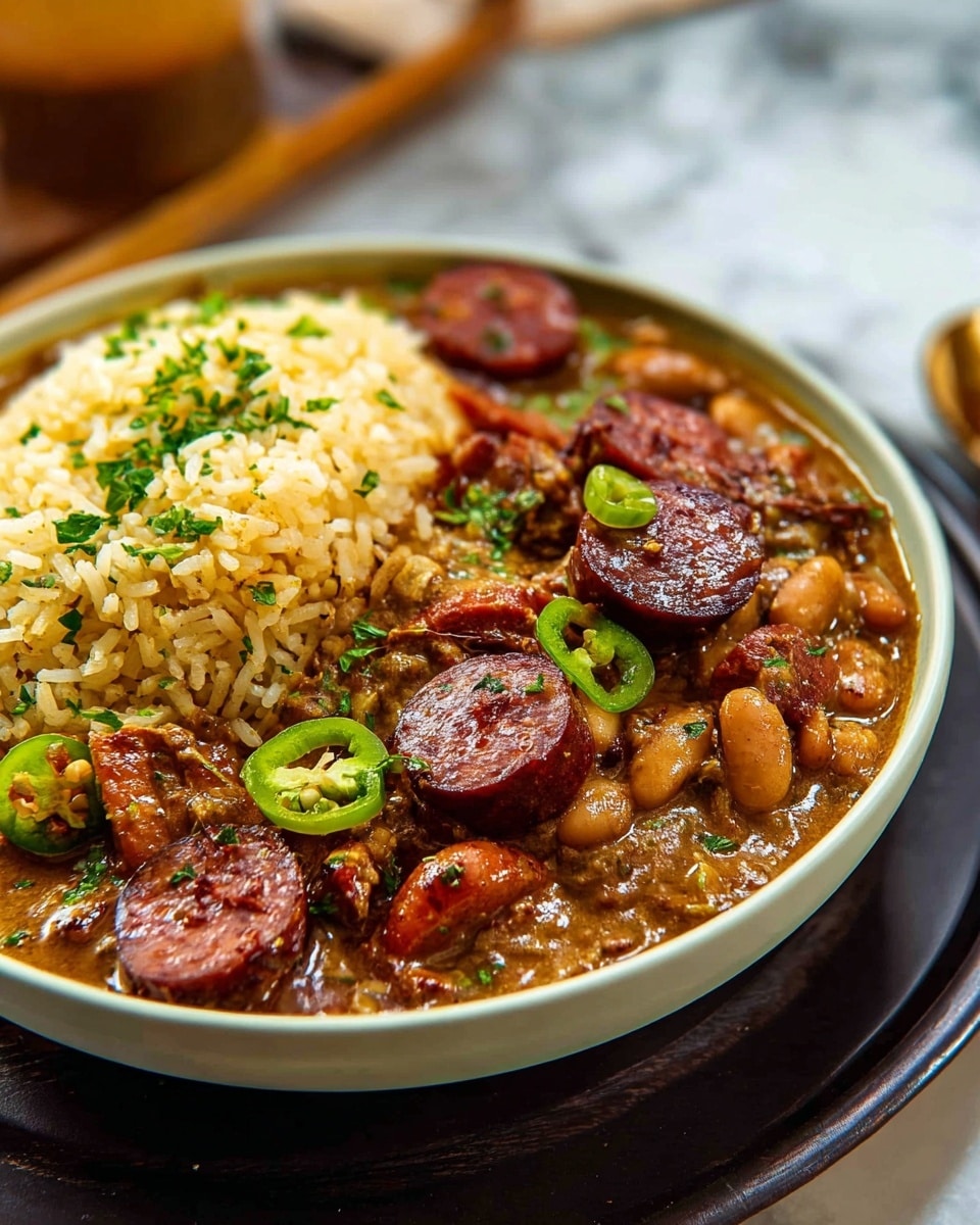 A close-up view of a white bowl filled with two layers: on the left side is a mound of fluffy, light yellow rice with bits of herbs, while the right side has a thick, textured mix of beans and meat in a brown gravy. On top of the bean layer are several slices of dark reddish-brown sausage and chopped green chili peppers scattered throughout. The bowl sits on a dark tray placed on a white marbled surface, with part of the background blurred out. photo taken with an iphone --ar 4:5 --v 7