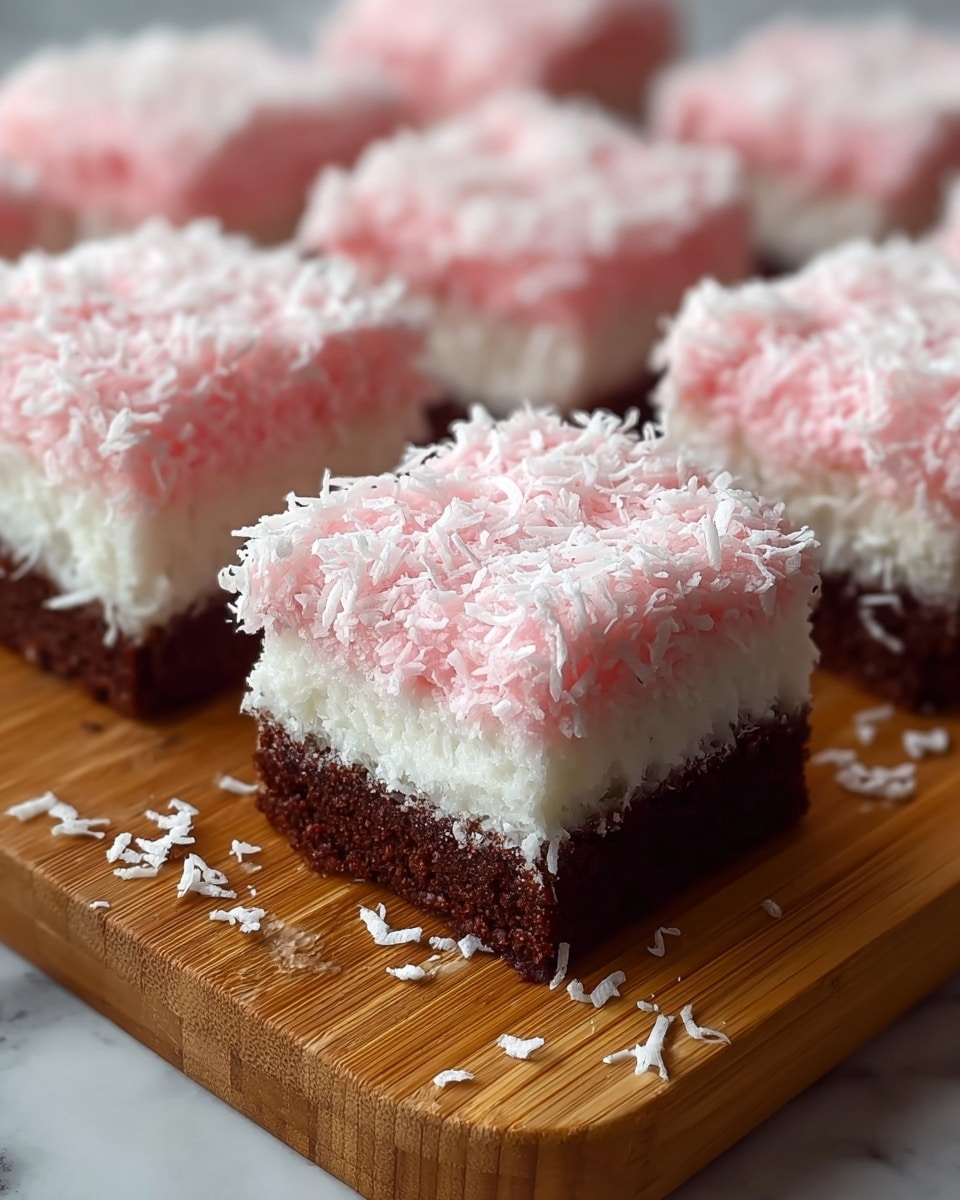 The image shows several square dessert pieces arranged on a wooden board. Each piece has three layers: the bottom layer is a dark brown moist cake, the middle layer is a thick and fluffy white coconut filling, and the top layer is a light pink coconut cream sprinkled with shredded white coconut flakes that add texture and volume. The dessert looks soft and rich, with the shredded coconut creating a snowy effect on the pink top. Some coconut flakes are scattered on the wooden board around the pieces, enhancing the visual appeal. photo taken with an iphone --ar 4:5 --v 7