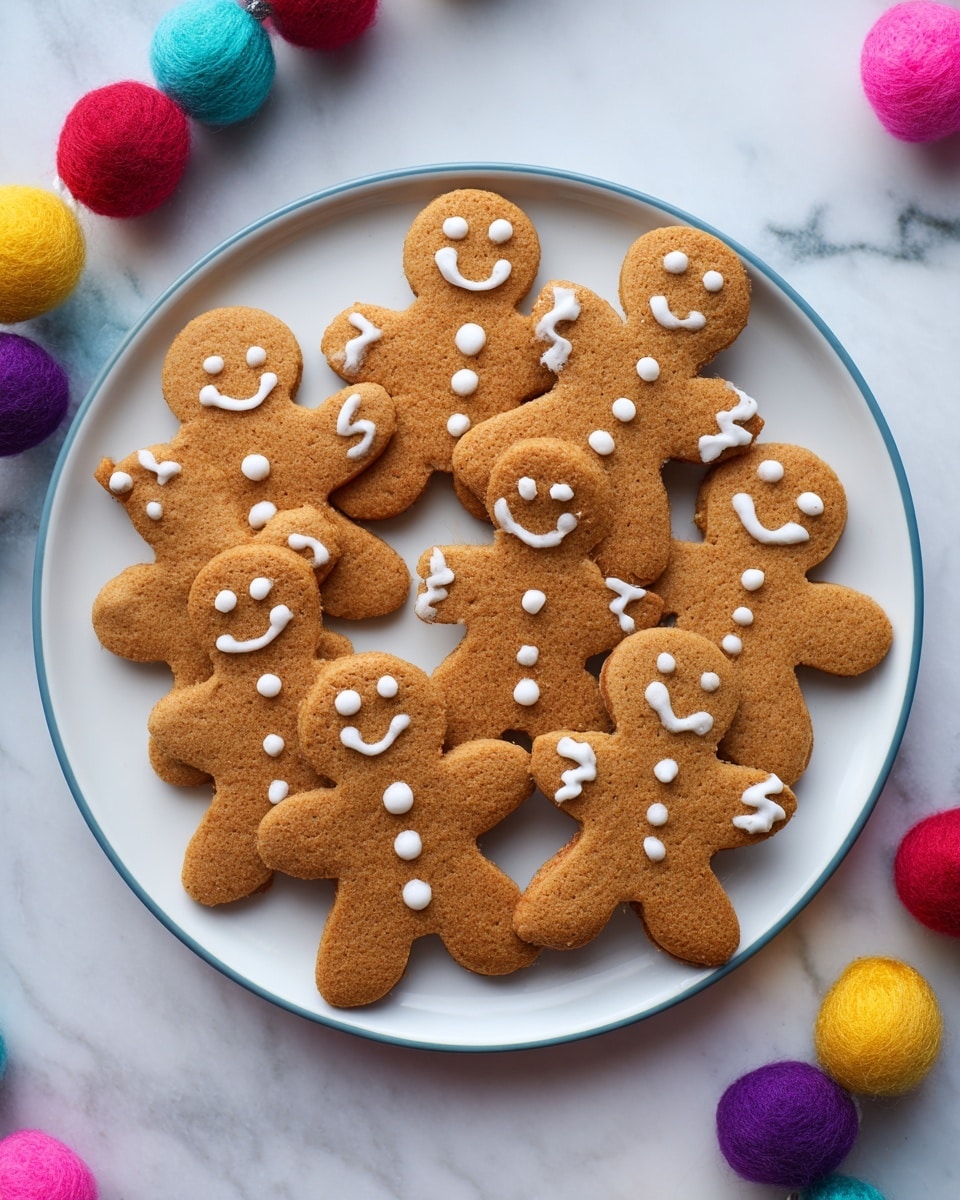 A white plate with a thin blue rim holds ten gingerbread cookies shaped like small people. Each cookie has simple white icing details—a few small dots or thin lines representing eyes and buttons—on top of their light brown, slightly textured surface. The plate is set on a white marbled texture, and colorful felt ball garlands in red, yellow, pink, blue, purple, and green are partly visible around the edges of the image. photo taken with an iphone --ar 4:5 --v 7