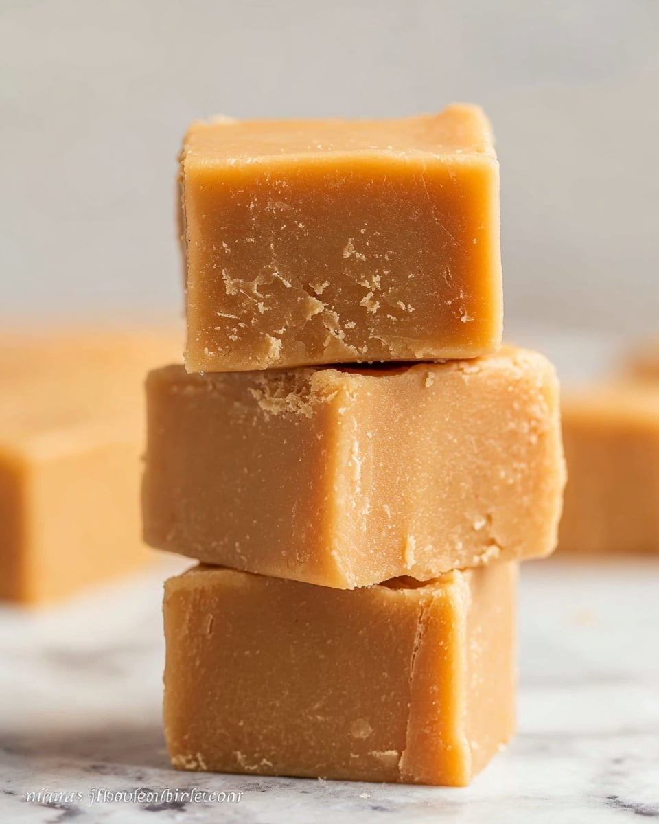 The image shows three stacked square pieces of light caramel brown fudge with a smooth but slightly crumbly texture, placed on a white marbled surface. Each piece has clean, sharp edges with tiny cracks and granules visible on the surface, highlighting the dense, soft consistency of the fudge. The background is softly blurred, keeping full focus on the three neatly stacked fudge squares. Photo taken with an iphone --ar 4:5 --v 7