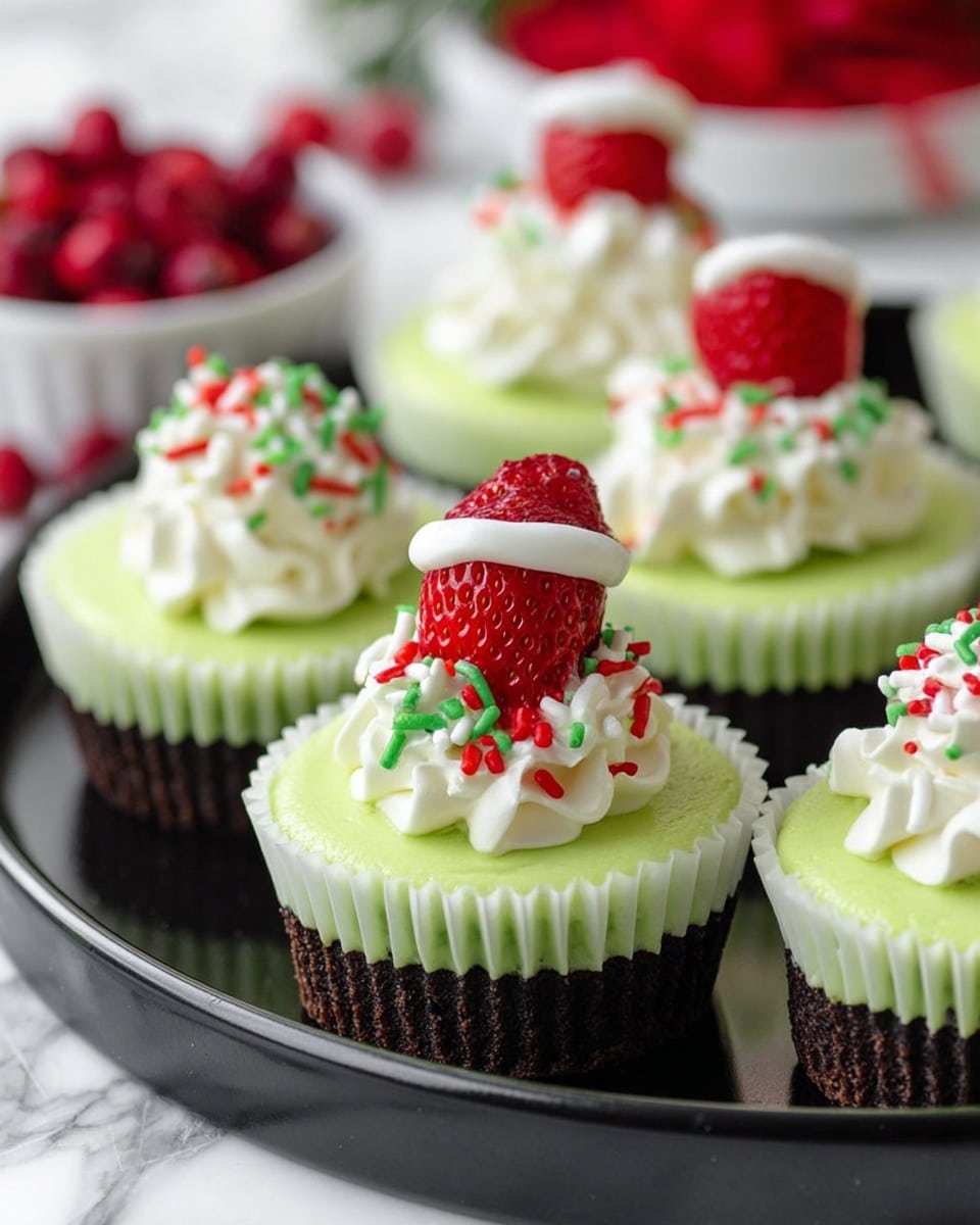 The image shows small cheesecake cupcakes in white paper liners with three layers: a dark brown crumb base at the bottom, a smooth light green cheesecake middle layer, and a topping of white whipped cream with red and green sprinkles. Some cupcakes are decorated with a whole red strawberry placed upside down with a small white whipped cream on top, resembling a hat. These cupcakes are placed on a black round tray set against a white marbled surface, with some red berries blurred in the background. photo taken with an iphone --ar 4:5 --v 7