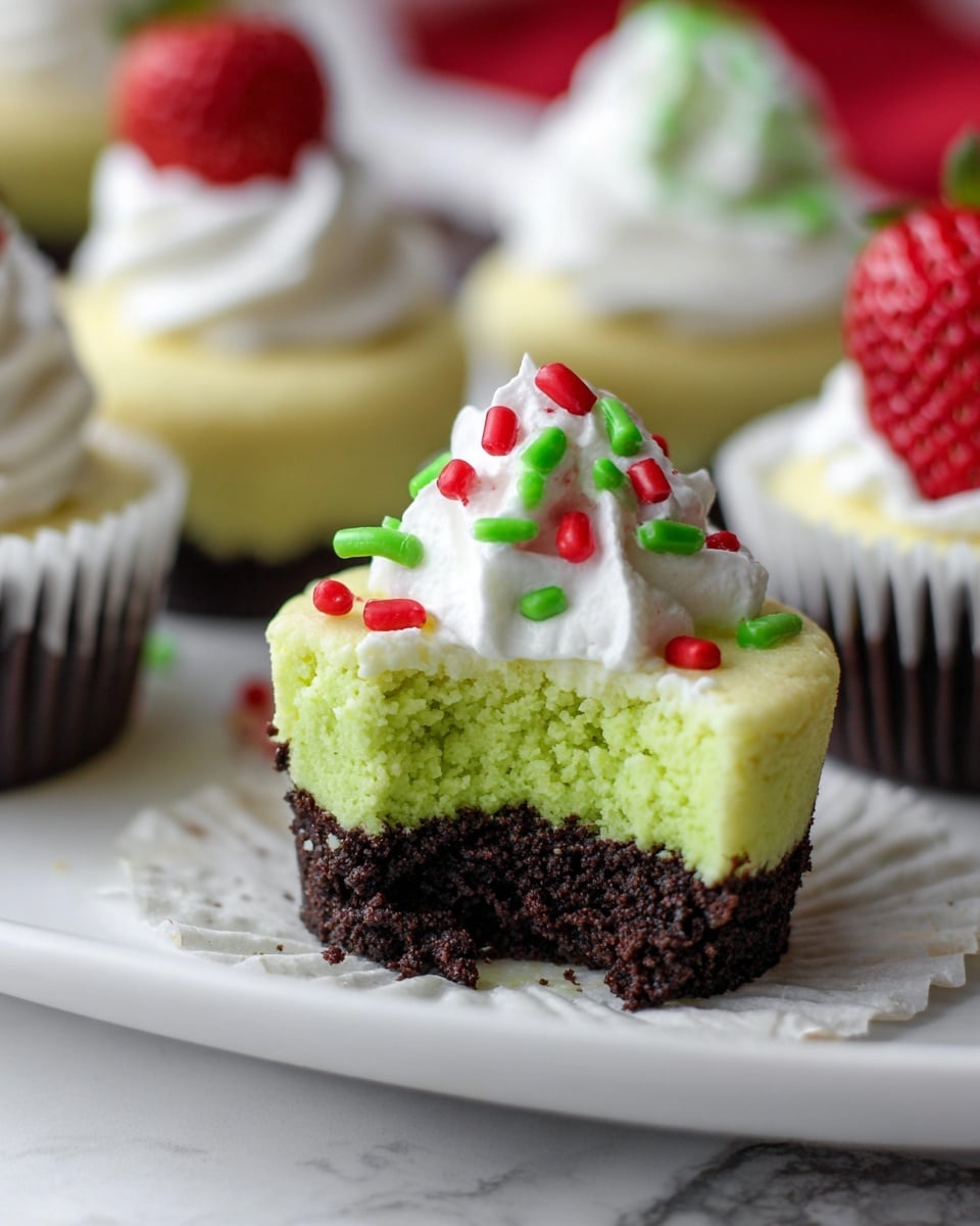 A small cupcake with three layers is shown on a white plate with a white marbled texture underneath. The bottom layer is a dark, crumbly chocolate crust. The middle layer is a bright green, dense cheesecake with a bite taken out of it. The top layer is a small dollop of white whipped cream, scattered with green cylindrical sprinkles and small red heart-shaped sprinkles. In the background, there are other cupcakes with white whipped cream and a whole red strawberry on top, also in white cupcake liners. Photo taken with an iphone --ar 4:5 --v 7