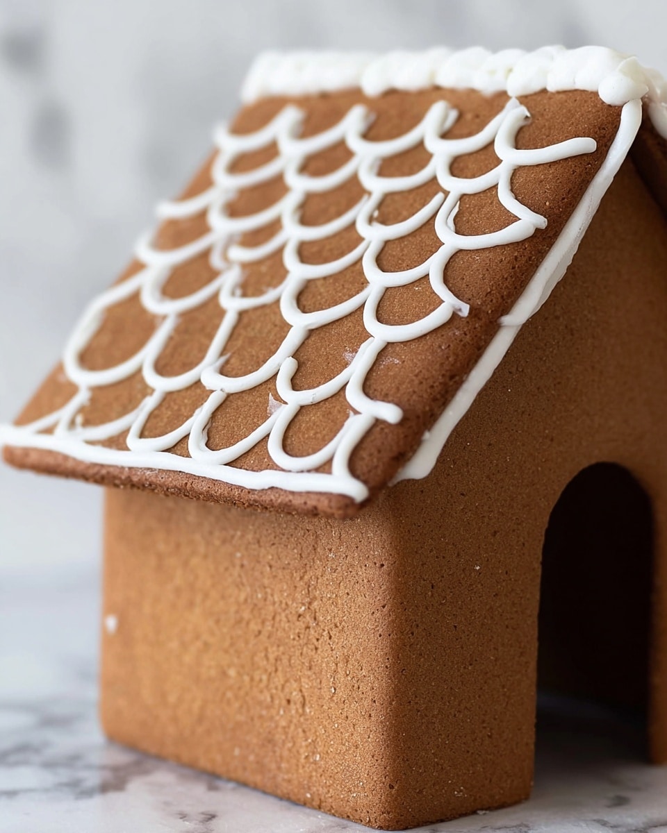 The image shows a close-up of a gingerbread house with a simple design made of brown gingerbread panels. The roof has two sloped layers decorated with white icing in a scalloped pattern, forming a sort of fish scale effect. The side walls are plain brown with some cracks visible in the gingerbread texture, and white icing is used to join the edges where the walls meet the roof. The structure appears sturdy and neat, set against a white marbled background. photo taken with an iphone --ar 4:5 --v 7