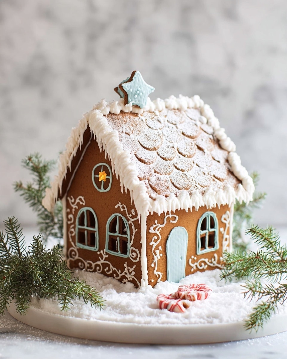 A gingerbread house stands on a white marbled textured surface, with snow-like white icing spread around its base. The house has two main brown gingerbread walls, decorated with light blue icing forming window frames and delicate swirls, while the windows contain small yellow star shapes inside. The roof is covered with white icing arranged in scalloped layers, dusted with powdered sugar, and topped with a small light blue star cookie. White icing borders the roof edges in a thick, piped texture. Around the house, there are small green pine branches adding a natural touch, and two red and white candy pieces lie on the snowy icing in front. photo taken with an iphone --ar 4:5 --v 7