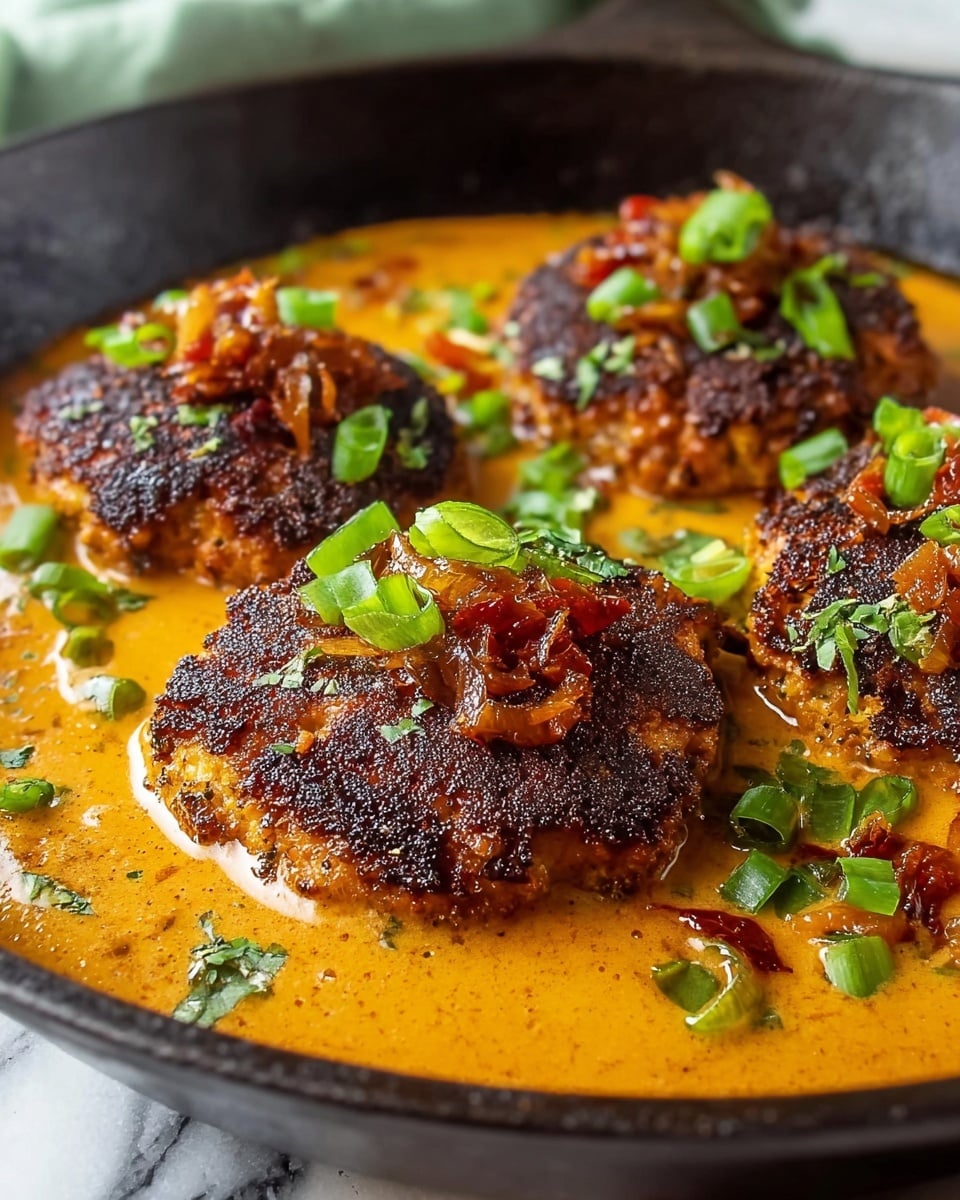 The image shows four round, dark brown, crispy patties with a slightly charred texture, sitting in a thick, creamy orange sauce that coats the bottom of a black skillet. Each patty is topped with finely chopped green onions and small pieces of reddish caramelized onions, adding pops of bright green and deep red colors. The sauce looks rich and smooth, pooling around the patties and glistening under the light. The background features a soft blur with a white marbled texture visible. photo taken with an iphone --ar 4:5 --v 7