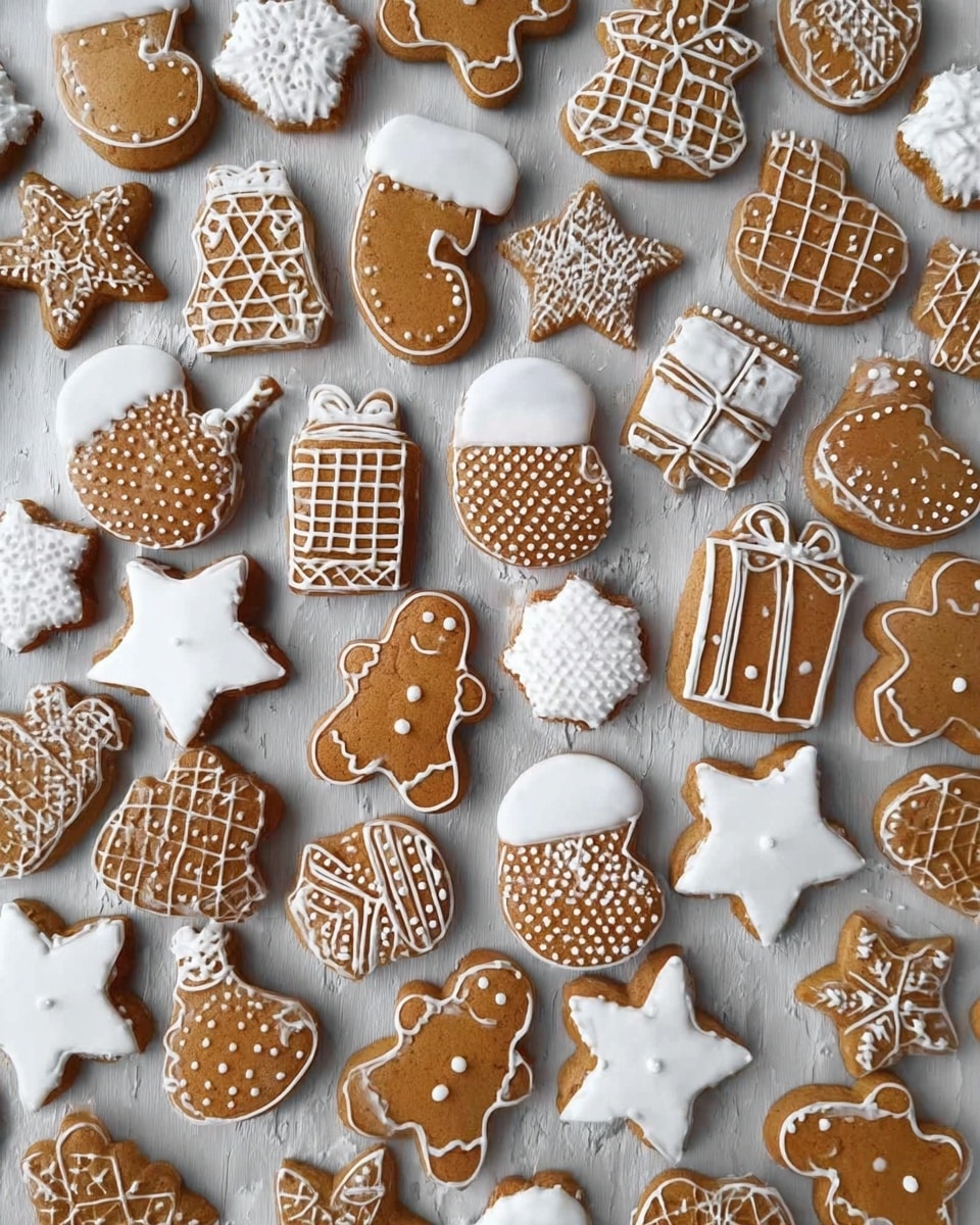 A large collection of gingerbread cookies spread out on a white marbled textured surface, each cookie decorated with white icing in various festive shapes including stars, mittens, Christmas trees, snow globes, bells, gifts, and gingerbread people. The cookies have a warm brown color and the icing features detailed patterns such as dots, lines, snowflakes, and lattice designs, carefully applied to highlight the shapes. Some cookies have full white icing bases with intricate lace-like patterns while others show simple borders or small decorations in white. The arrangement shows cookies closely placed, covering the entire surface in a dense, cheerful holiday theme. photo taken with an iphone --ar 4:5 --v 7