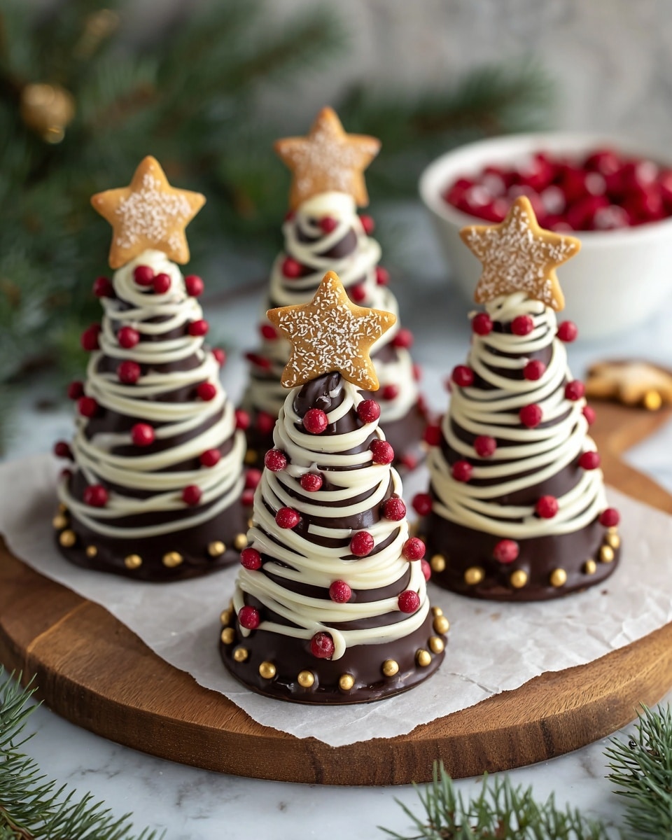 The image shows four Christmas tree-shaped confections standing on a white marbled surface lined with parchment on a wooden board. Each tree has a smooth dark chocolate cone base decorated with white chocolate swirls spiraling from top to bottom. Small red candy balls are evenly placed on the white chocolate lines for ornaments. Each tree is topped with a golden star-shaped cookie dusted with white powdered sugar. At the bottom, the trees sit on round dark chocolate bases adorned with small golden candy balls. In the background, a white bowl filled with red candies and green pine branches add a festive touch. Photo taken with an iphone --ar 4:5 --v 7