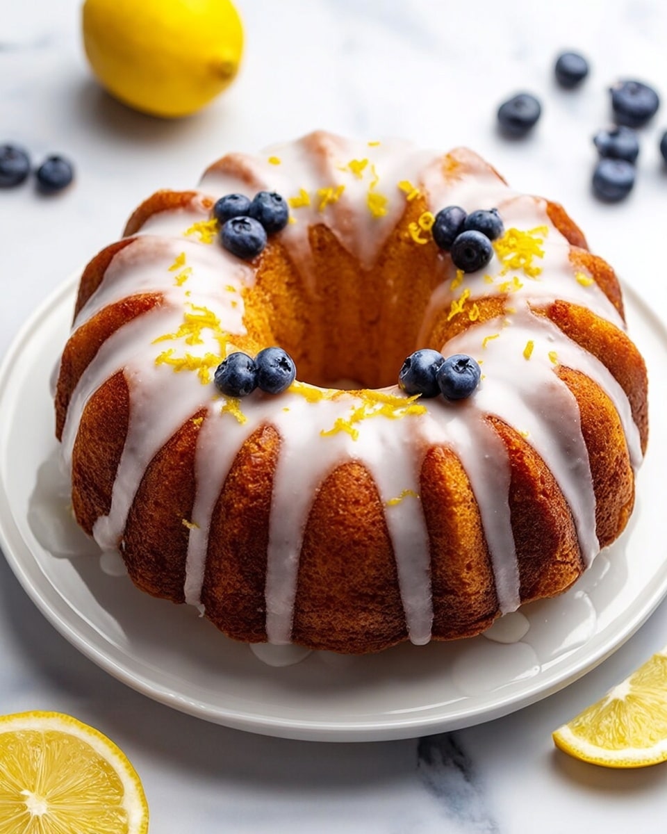 A golden-brown bundt cake with a smooth, shiny white glaze drizzled evenly over its ridges and curves, sitting on a white plate. The glaze glistens and lightly pools in the deeper parts of the cake. In the center hole of the bundt, there are four dark blue blueberries, surrounded by small bright yellow lemon zest pieces scattered on the cake and plate. Around the plate on a white marbled surface, additional blueberries and a whole lemon are placed randomly, adding more color contrast. The scene is bright and clean, showing details of the cake's soft texture and moist glaze. photo taken with an iphone --ar 4:5 --v 7