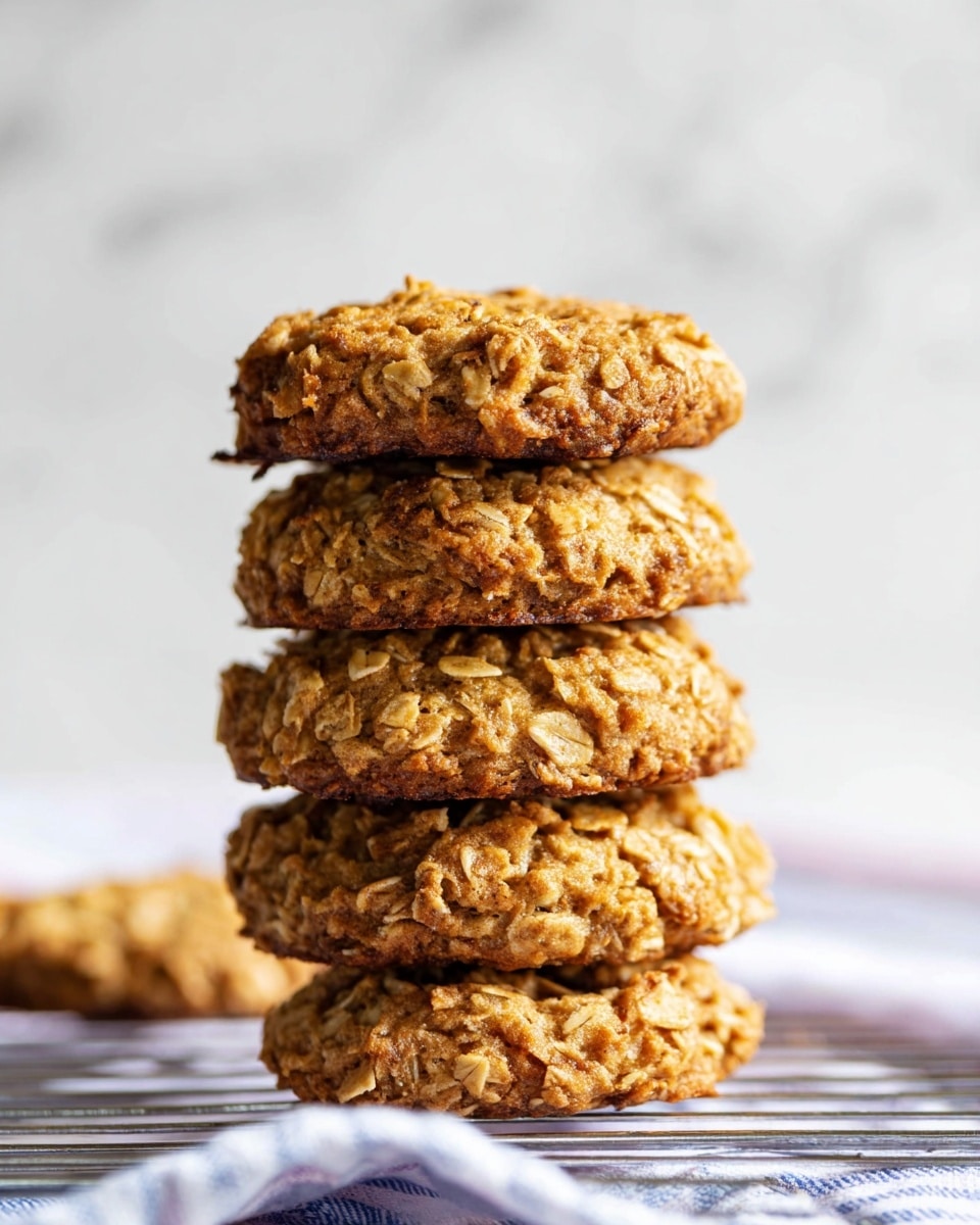 A stack of five oatmeal cookies is shown close up, each cookie thick and rough with visible oats embedded throughout, giving a textured and chunky look. The cookies have warm, light brown hues with some darker roasted spots, and they rest on a cooling rack over a soft white cloth with blue stripes. The background is a softly blurred white marbled texture, making the cookies the main focus. Photo taken with an iphone --ar 4:5 --v 7