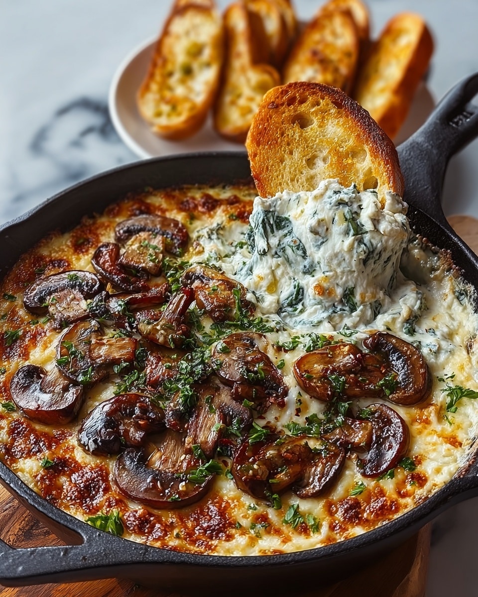A black skillet holds a warm dip with two main layers: the bottom layer is creamy and white with visible spinach pieces, while the top layer is golden brown cheese browned in spots. The top is garnished with cooked brown mushroom slices and small herb bits, possibly parsley. A toasted slice of bread, golden and crisp with a slightly rough texture, dips into the creamy white spinach layer, pulling some of the cheese and spinach mixture up. In the background, there is a white plate with golden toasted bread pieces, and the whole scene is set on a surface with a white marbled texture. photo taken with an iphone --ar 4:5 --v 7