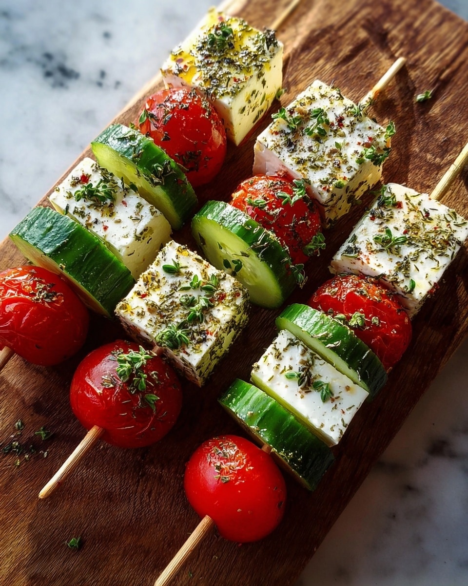 Three skewers are shown with four layers each, placed on a wooden board. Each skewer starts with a bright red cherry tomato at the front, followed by a green cucumber slice with a smooth texture. Next, there is a white, slightly charred cube of feta cheese sprinkled with herbs and spices, and the top layer is another cherry tomato, green cucumber slice, and feta cheese cube with herbs and black pepper on them. The overall look is fresh and colorful, with a mix of red, green, and white, and small green herbs scattered on top. The background is a white marbled texture. photo taken with an iphone --ar 4:5 --v 7