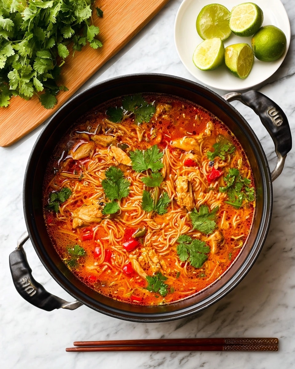 A black pot filled with a rich orange-red soup with thin noodles spread through the broth, pieces of chicken, and small red pepper chunks floating inside. The top is dotted with fresh green cilantro leaves, adding contrast to the warm colors below. Around the pot, on a white marbled surface, there is a wooden board with lime wedges and fresh cilantro bunches. Below the pot, a white round plate holds a pair of wooden chopsticks resting on its edge. Photo taken with an iphone --ar 4:5 --v 7