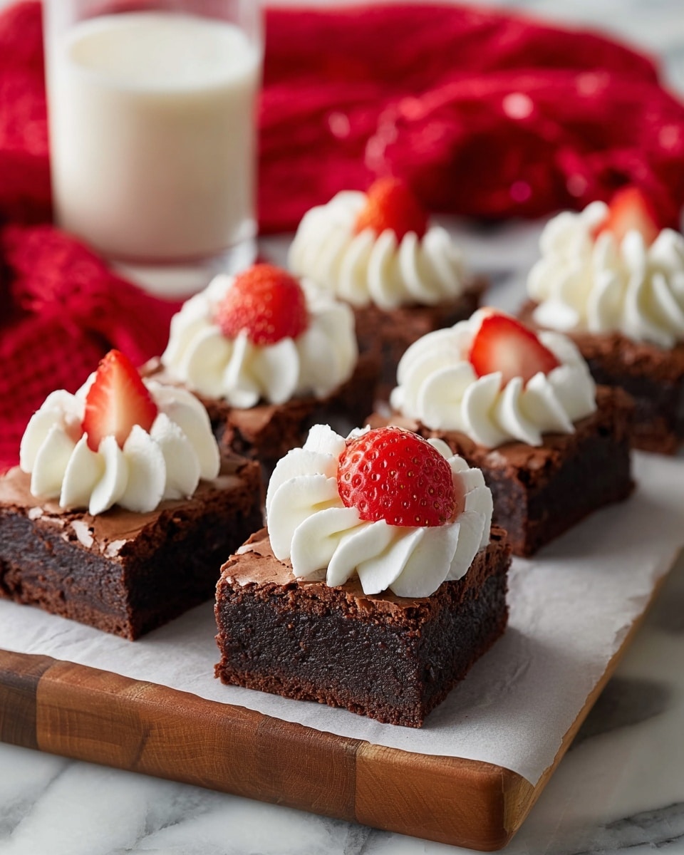 Four square chocolate brownies are placed in a row on white parchment paper over a wooden board. Each brownie has a thick, dark brown, slightly cracked top layer and a dense, moist, rich chocolate bottom layer. On top of each brownie is a swirl of white whipped cream, whipped in ridged circular loops, with a single bright red strawberry cut in half standing upright in the center. In the background, a glass of milk and a red cloth napkin sit on a white marbled surface. photo taken with an iphone --ar 4:5 --v 7
