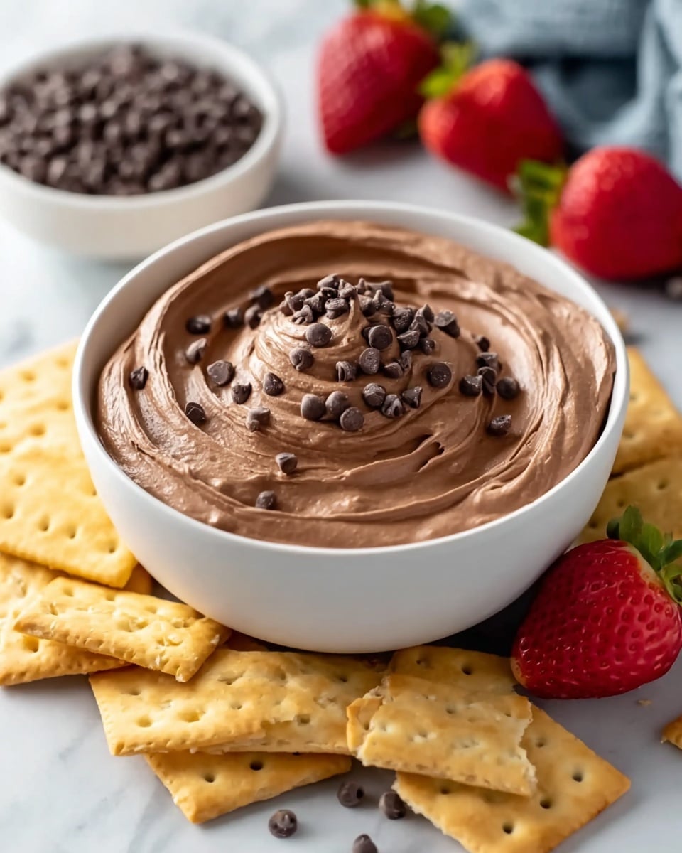 A white bowl filled with creamy, smooth chocolate mousse that has a light swirl pattern on top, sprinkled with small dark chocolate chips spread across the surface. Around the bowl, there are square golden crackers with small holes arranged casually, and a few fresh red strawberries with green leaves nearby. In the background, more strawberries and a small white bowl filled with dark chocolate chips can be seen on a white marbled surface. photo taken with an iphone --ar 4:5 --v 7