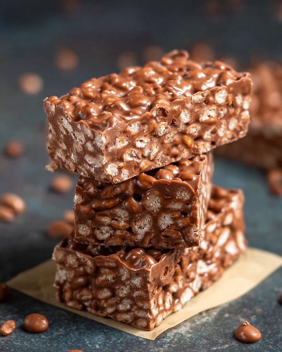 The image shows a stack of three rectangular chocolate bars with visible puffed rice pieces embedded throughout. Each bar has an uneven, bumpy chocolate surface on top with a glossy finish. The bars are light to medium brown with lighter rice bits giving a textured look. The stack is placed on a small beige square piece, set against a blurred dark surface with few scattered pieces of puffed rice in the background. photo taken with an iphone --ar 4:5 --v 7