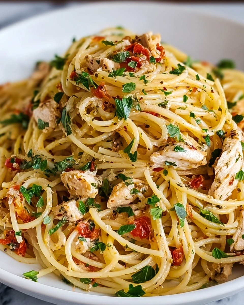 A white plate filled with a mound of spaghetti pasta mixed with pieces of grilled chicken, showing light brown and slightly charred edges. The pasta is pale yellow, coated with small bits of green herbs and tiny diced red tomatoes scattered throughout. The texture looks moist with a light sauce, and the dish is garnished with fresh green parsley leaves on top and mixed within the pasta. The close-up view highlights the individual strands of pasta and chunks of chicken with seasoning visible. The photo is taken on a white marbled surface. Photo taken with an iphone --ar 4:5 --v 7