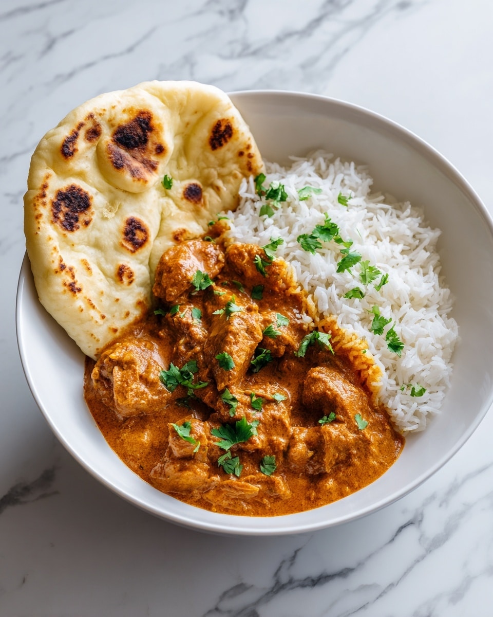 A white bowl holds a layered dish starting with a base of white rice on one side. Next to the rice is a thick layer of rich, orange-brown curry sauce with tender chunks of chicken coated in it, topped with small green cilantro leaves for garnish. Against the curry and rice, a round, lightly toasted naan bread with golden-brown spots leans inside the bowl. The bowl sits on a white marbled surface. photo taken with an iphone --ar 4:5 --v 7