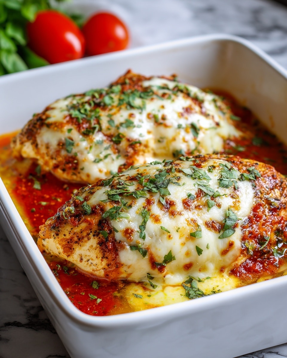 The image shows two large pieces of baked chicken breast in a white rectangular dish, covered with melted white cheese that has golden brown spots. The cheese sits on a layer of red tomato sauce that pools slightly around the edges. The chicken is sprinkled with green fresh herbs, adding a touch of color on top. In the background, there are some red cherry tomatoes and green leafy herbs blurred out. The dish is placed on a white marbled surface. Photo taken with an iphone --ar 4:5 --v 7