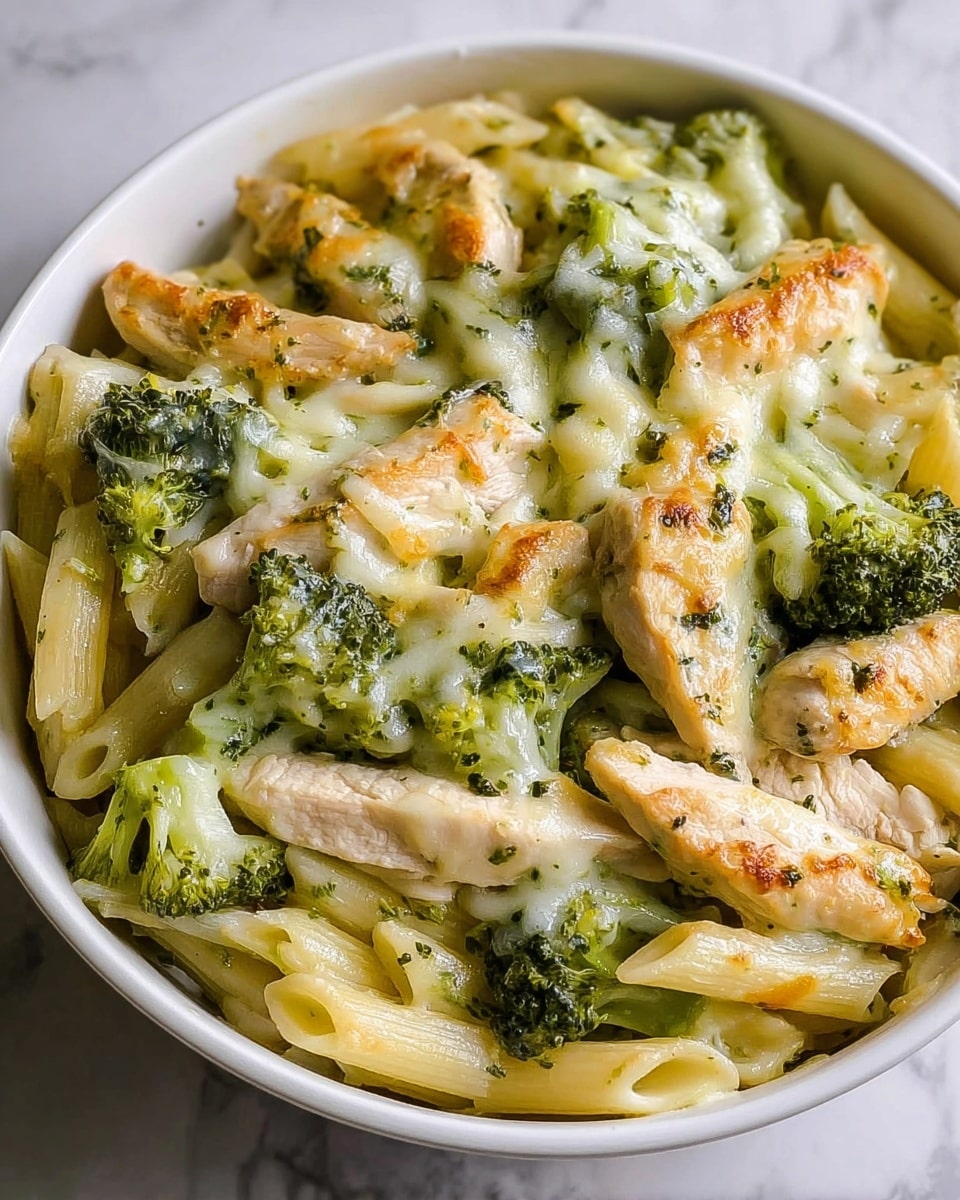 The dish is a creamy baked pasta served in a white round bowl, featuring three main layers: the base layer has tender penne pasta pieces in a light yellow color, mixed evenly with bright green broccoli florets; the middle layer consists of juicy, light pink chicken breast strips with a slightly golden sear on the edges; and the top layer is a rich, melted creamy sauce that covers the pasta, broccoli, and chicken, speckled with green herbs giving it a textured and flavorful look. The edges of the bowl show slight browning from baking, adding a rustic touch. The bowl sits on a white marbled surface. photo taken with an iphone --ar 4:5 --v 7
