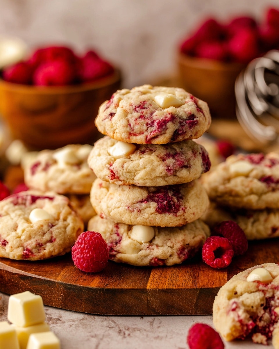 A stack of seven round cookies is arranged on a small wooden board, each cookie having a light golden color with swirls of dark red raspberry and chunks of white chocolate visible throughout the soft, slightly lumpy texture. Bright red fresh raspberries are scattered around and on top of the cookies, adding vibrant contrast to the pale baked dough. In the blurred background, wooden bowls holding raspberries and white chocolate pieces can be seen along with a whisk resting nearby on a white marbled surface. The overall look is warm and inviting, focusing on the mix of creamy cookie and bright berry colors. photo taken with an iphone --ar 4:5 --v 7