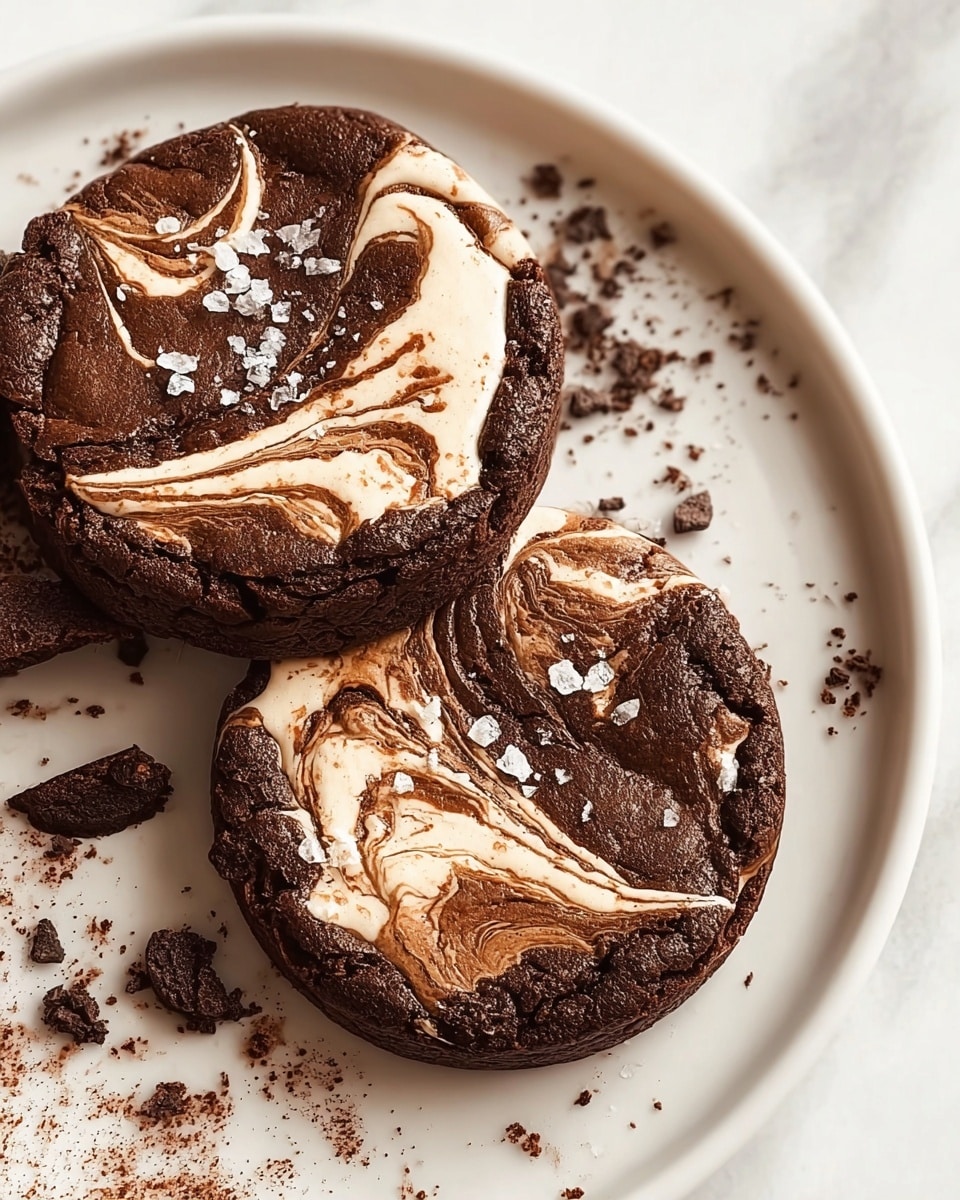 Two round brownies with a cracked top sit on a white plate, each showing a thick marbled layer of creamy light brown and dark brown swirls spread unevenly across their surface. The brownies have a chewy, dense texture with a few flakes of coarse salt sprinkled on top. Around the brownies on the plate are scattered bits of cocoa powder and crumbs. The plate is placed on a surface with a white marbled texture. photo taken with an iphone --ar 4:5 --v 7