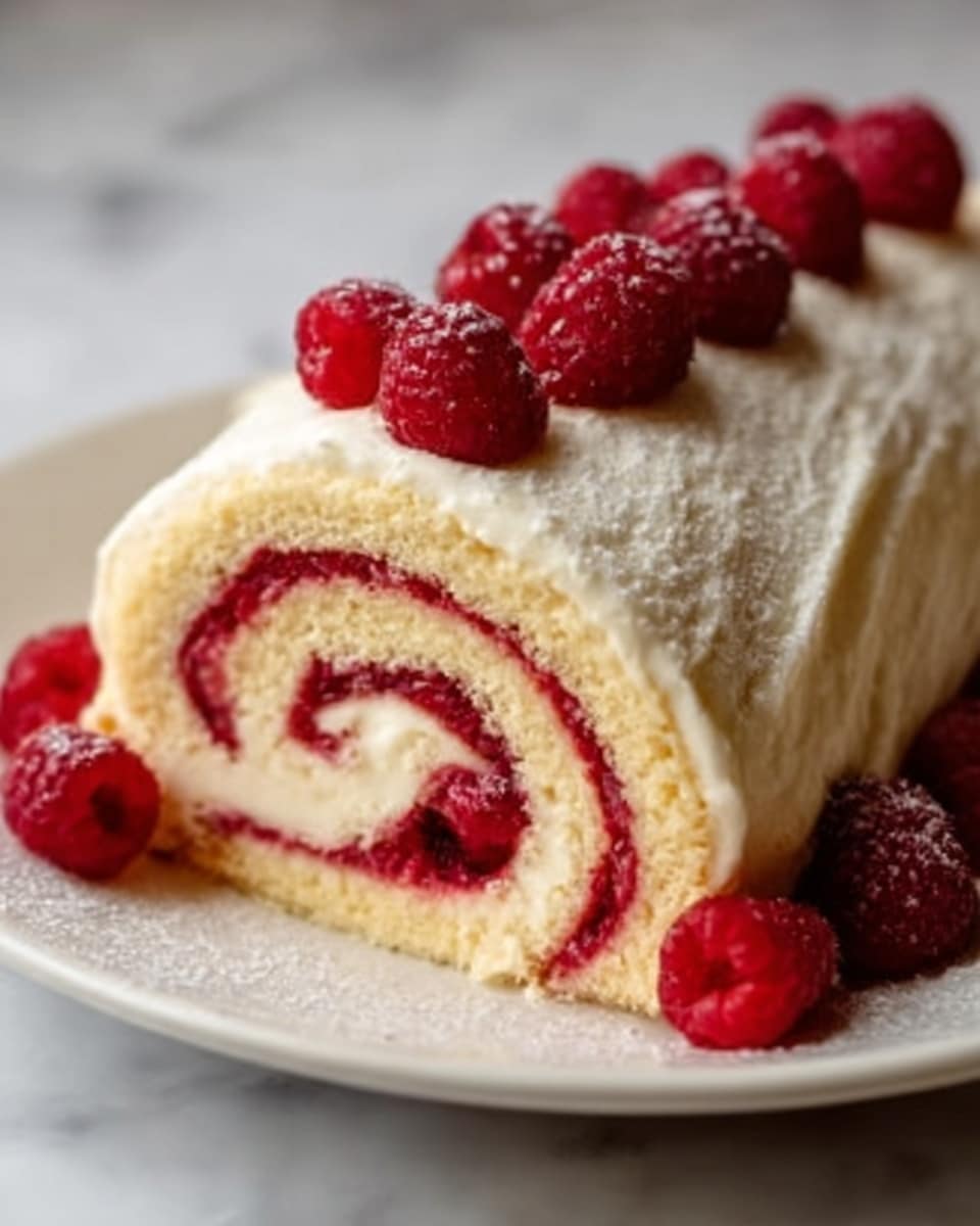 A white plate holds a cream-colored swiss roll cake with a smooth, light texture. The roll is swirled with a bright red raspberry filling that creates a spiral pattern inside. Fresh raspberries are placed on top of the cake and around the edges on the plate, adding pops of deep red. The background is a white marbled surface. photo taken with an iphone --ar 4:5 --v 7