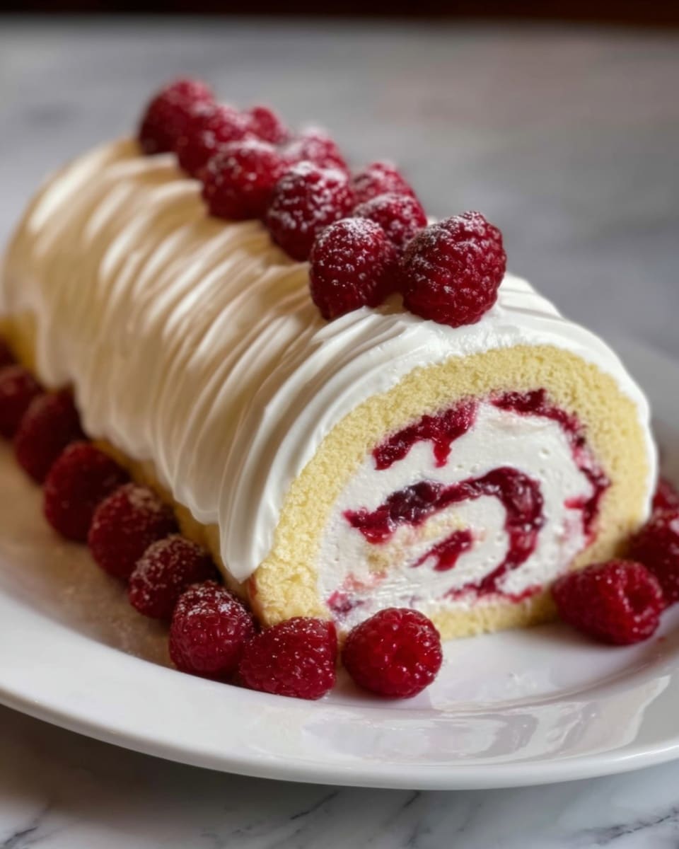 A white plate with a rolled cake on it, showing three visible layers: a light yellow sponge cake layer on the outside, a thick white cream layer next, and a bright red raspberry jam swirl in the center. The outside of the cake is covered in smooth white cream with soft waves running along its length. Fresh raspberries are placed on top in a line and scattered around the base of the roll. The plate is set on a white marbled surface. Photo taken with an iphone --ar 4:5 --v 7
