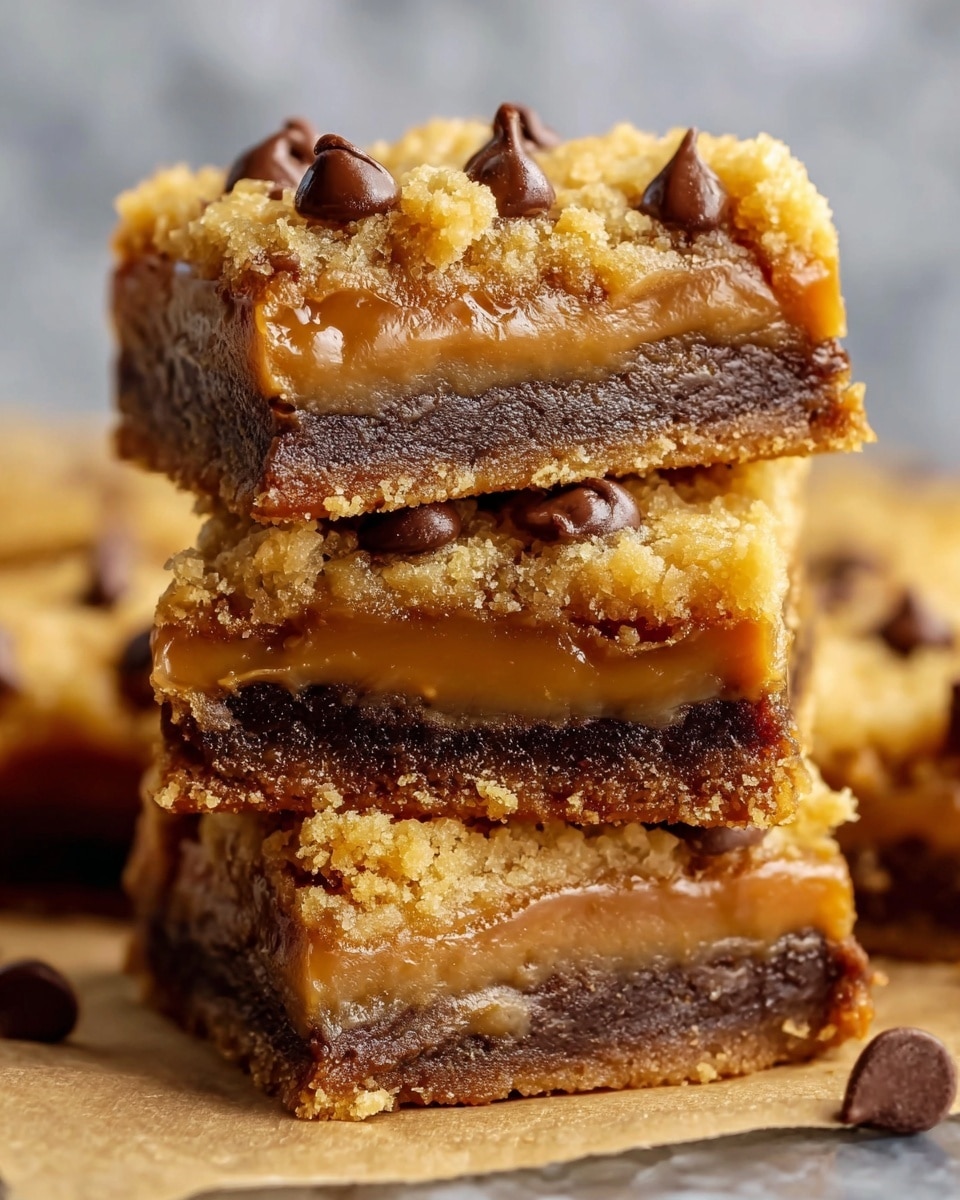 The image shows a close-up of a stack of three gooey dessert bars placed on a piece of parchment paper. Each bar has three layers: a bottom dark brown dense layer, a middle thick caramel layer that is smooth and shiny, and a top crumbly golden brown layer sprinkled with a few glossy chocolate chips. The bars have a slightly crumbly texture on top and look soft and chewy inside, with chocolate chips adding extra texture and color. The background features a white marbled texture. photo taken with an iphone --ar 4:5 --v 7