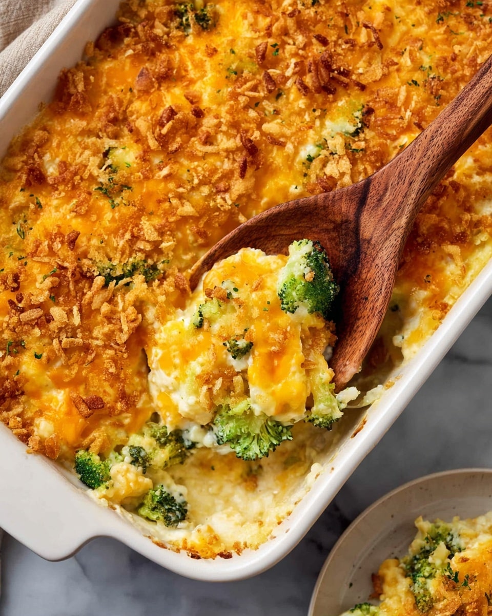A white baking dish filled with a creamy broccoli and cheese casserole, showing three visible layers; the top layer is golden brown and crispy with small crunchy bits scattered over melted bright orange cheese, the middle layer is a mix of melted yellow-orange cheese and green broccoli florets, while the bottom layer is a creamy white sauce that binds the ingredients together. A wooden spoon is scooping some of the casserole, highlighting the soft melted cheese and green broccoli pieces inside. The dish sits on a white marbled surface, with a small part of a white plate holding a serving of the casserole visible at the bottom right. photo taken with an iphone --ar 4:5 --v 7