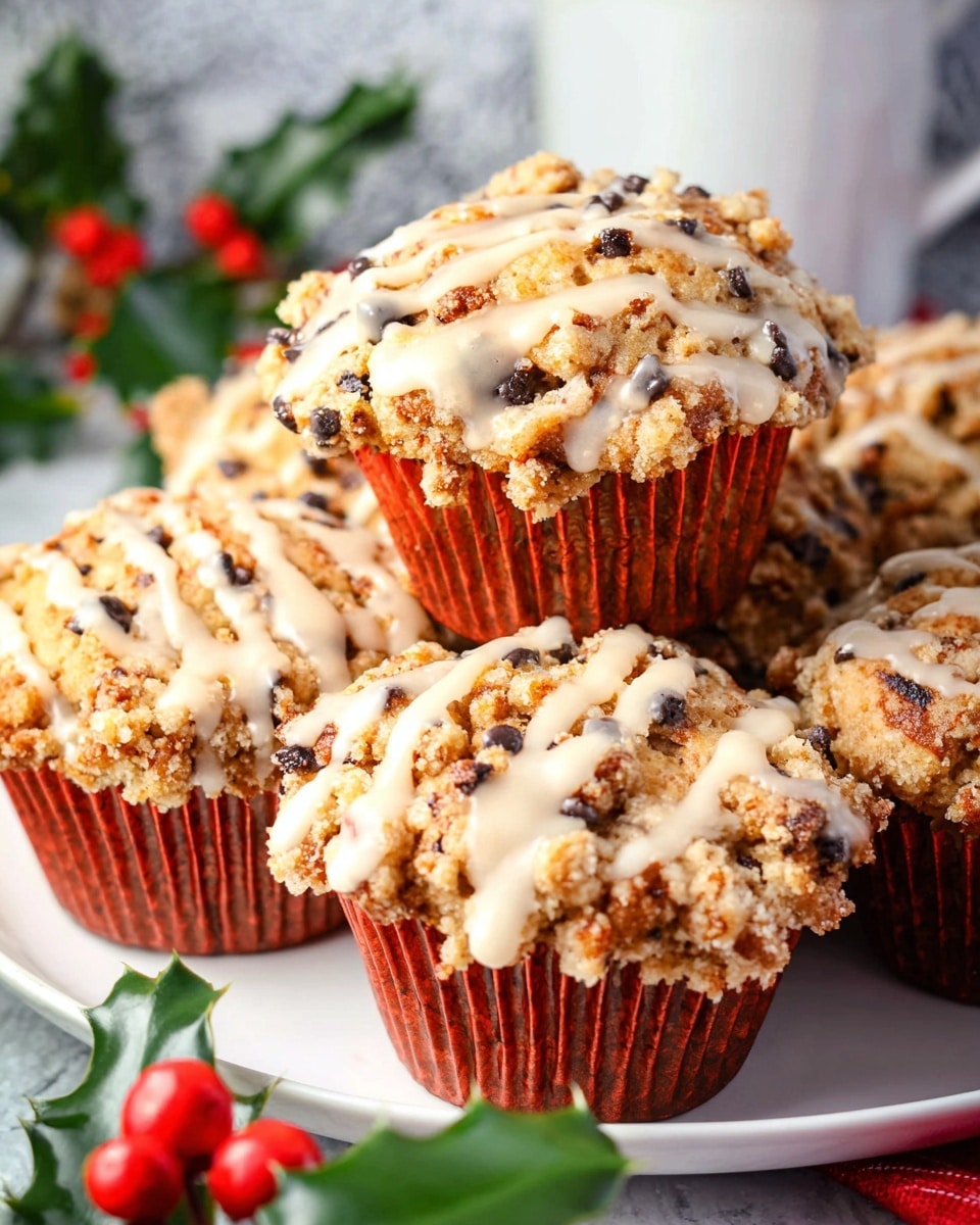 This image shows several muffins with a crumbly, golden-brown topping mixed with small dark chocolate chips. Each muffin is wrapped in a red cupcake liner, sitting on a white plate with a white marbled surface background. The muffins have a drizzle of glossy, light-colored icing over the top, adding a shiny texture to the crumbly topping. One muffin is held slightly higher in the back, showing its rounded shape and textured surface with the drizzle clearly visible. Green leaves and small red berries decorate the background, adding a festive touch. photo taken with an iphone --ar 4:5 --v 7