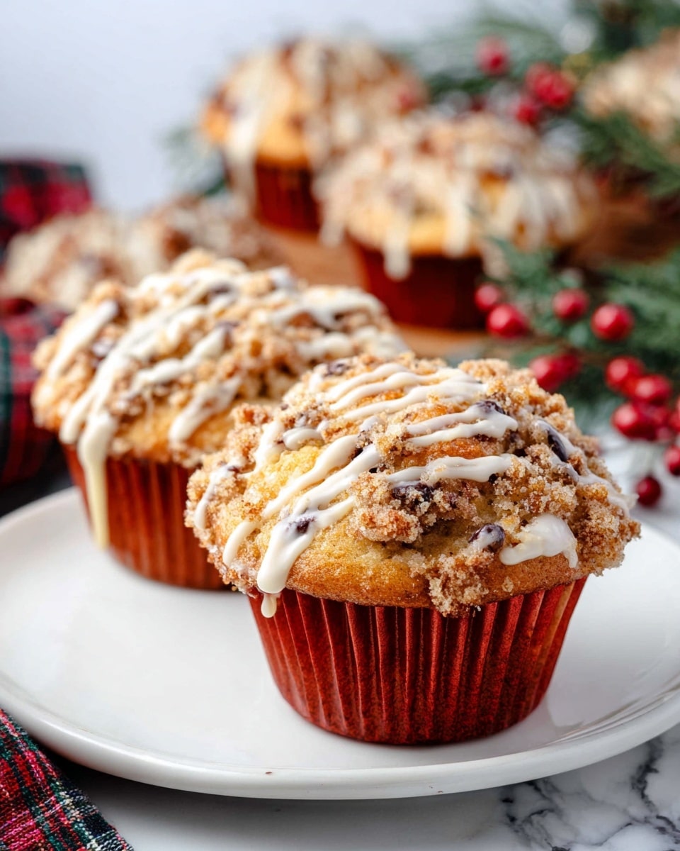 Two muffins sit side by side on a round white plate with a white marbled surface beneath. Each muffin is in a bright red paper cup, topped with a golden-brown crumb layer mixed with small dark chocolate chips. A light cream-colored glaze is drizzled over the crumb topping in thin lines, giving a shiny texture. More muffins, similar in look and also in red paper cups, are softly focused in the background, with some greenery and small red berries adding a festive touch. photo taken with an iphone --ar 4:5 --v 7