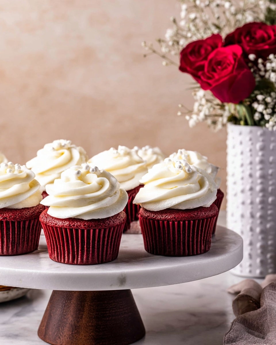 Six red velvet cupcakes are neatly placed on a round white marble stand with a dark wooden base. Each cupcake has a dark red, textured bottom layer in a ridged liner, topped with a large swirl of smooth, creamy white frosting that looks light and fluffy. Small white sugar pearls are scattered sparingly on the frosting for decoration. To the right, there are bright red roses and small white flowers in a white vase with a dotted pattern, set on a white marbled surface with a blurred light beige background. photo taken with an iphone --ar 4:5 --v 7