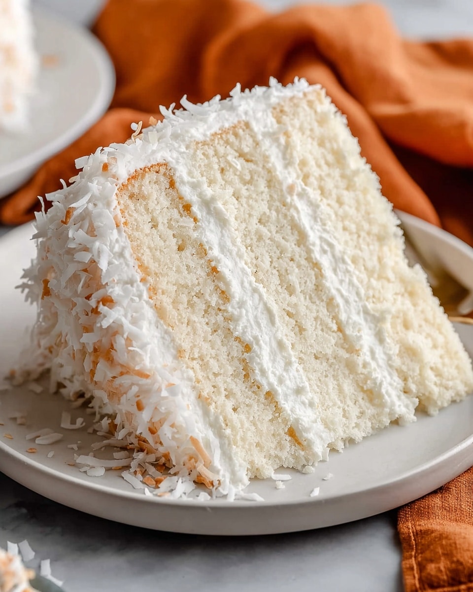 A slice of three-layer white cake with light, fluffy texture, each layer separated by smooth white cream filling. The outside of the cake is covered with thick white frosting and topped with shredded coconut flakes that add a rough texture. The slice is placed on a white plate, with a soft orange cloth in the background, all set on a white marbled surface. photo taken with an iphone --ar 4:5 --v 7