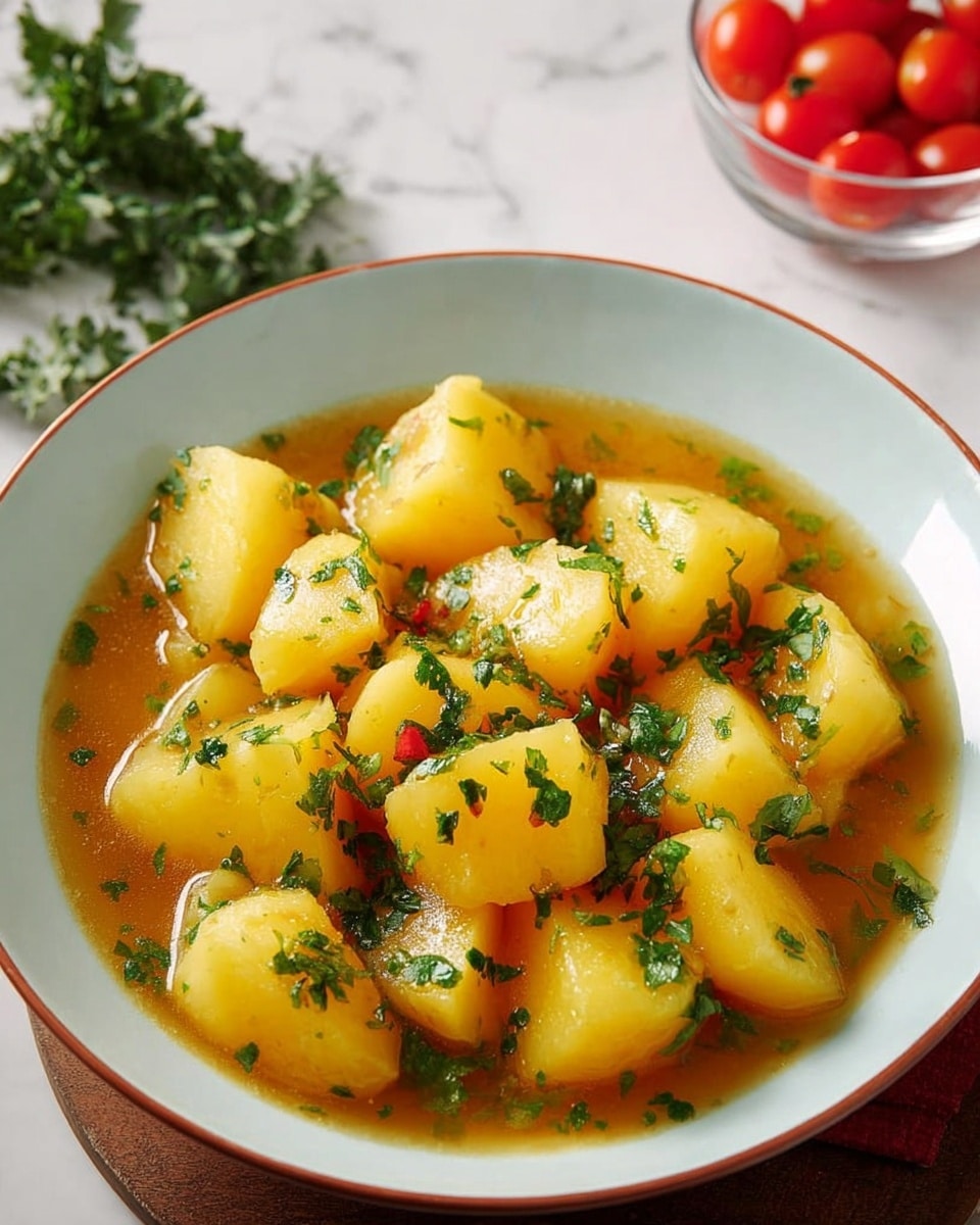 A bowl filled with golden yellow potato chunks soaked in a light brown broth, each potato piece showing a soft texture with a slight shine. On top, finely chopped green herbs are scattered evenly, adding a fresh, colorful touch. The bowl is white with a subtle glossy finish, sitting on a white marbled surface, with some fresh green herbs placed nearby. In the background, a small glass bowl filled with red cherry tomatoes is slightly blurred. The overall scene is well-lit, showing clear, bright colors and textures. photo taken with an iphone --ar 4:5 --v 7