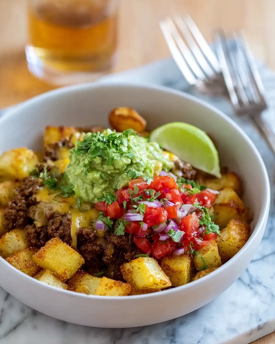A white bowl filled with a base layer of golden crispy potato cubes. On top of the potatoes, there is a layer of browned ground beef mixed with melted light yellow cheese. Above the meat and cheese, there is a bright green guacamole layer with a chunky texture. On top of the guacamole, there is a small heap of fresh, diced red tomatoes mixed with finely chopped purple onions and small green cilantro pieces. A lime wedge rests on the side inside the bowl. The bowl is placed on a white marbled surface with a silver fork and knife beside it, and a glass with a light brown drink in the blurred background. Photo taken with an iphone --ar 4:5 --v 7