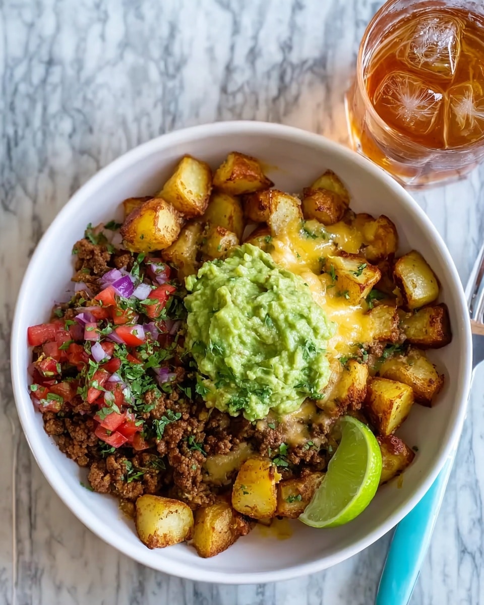 A white bowl filled with chopped golden brown roasted potatoes forming the base layer, topped with a layer of browned ground beef mixed with melted cheese that is light yellow and slightly gooey. On top of this is a generous scoop of green guacamole with a chunky texture full of herbs. On one side, there is a small mound of red tomato and purple onion salsa mixed with finely chopped green cilantro. A fresh green lime wedge sits on the edge of the bowl. Next to the bowl is a fork with a light blue handle and a glass with amber-colored liquid and ice. All placed on a white marbled surface. Photo taken with an iphone --ar 4:5 --v 7