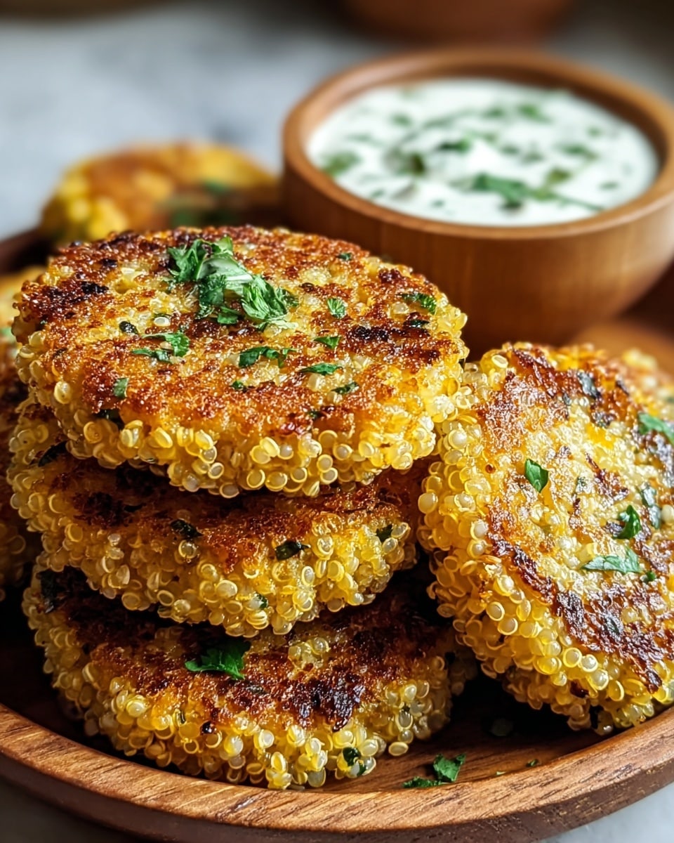 The image shows a close-up of five golden brown quinoa patties stacked in a wooden bowl. The patties have a crispy texture with visible grains of light yellow and white quinoa, and small pieces of green herbs scattered on top. The edges of the patties are slightly darker and more toasted. Behind the patties, there is a small wooden bowl filled with a creamy white sauce sprinkled with green herbs. The scene is set on a white marbled surface with a softly blurred background. photo taken with an iphone --ar 4:5 --v 7