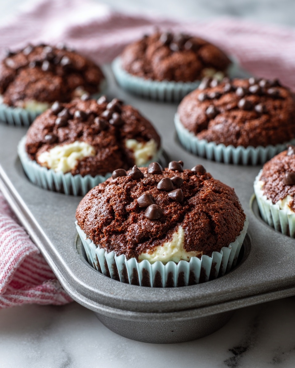 The image shows six chocolate muffins in a gray muffin tray on a white marbled surface with a pink and white striped cloth partly visible. Each muffin has two visible layers: the bottom and top layers are rich, dark brown chocolate with a rough, textured surface, and the middle layer is creamy white with chocolate chips scattered within it. The muffins are in light blue paper liners fitting snugly in the tray. The focus is on the muffin closest to the camera, showing detailed texture and chocolate chips on top, with the other muffins softly blurred in the background. photo taken with an iphone --ar 4:5 --v 7
