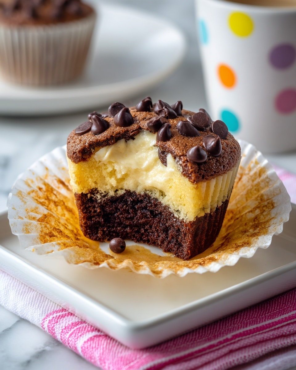 A close-up image of a cupcake with two visible layers: the bottom layer is dark brown and moist, the middle layer is lighter cream colored with a smooth texture, topped by a dark brown upper layer sprinkled with small chocolate chips. The cupcake is partially wrapped in a peeled-back yellowish paper liner showing some brown spots from baking. It sits on a white square plate placed on a white marbled surface with a pink and white striped cloth partially visible underneath. In the background, there is a blurred white mug with colorful dots. Photo taken with an iphone --ar 4:5 --v 7