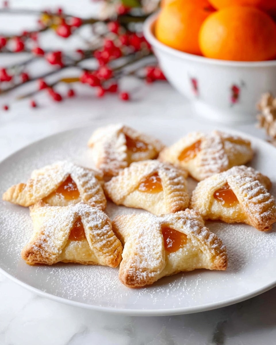 On a white plate placed on a white marbled surface, there are seven golden-brown pastries shaped like small folded triangles with scalloped edges. Each pastry has a shiny orange jam filling visible through a small opening in the center. The pastries are sprinkled generously with powdered sugar, giving a light dusting of white over the tops and plate. In the background, part of a white bowl filled with bright orange tangerines is slightly blurred, along with a few red berry branches adding a soft pop of color. Photo taken with an iphone --ar 4:5 --v 7