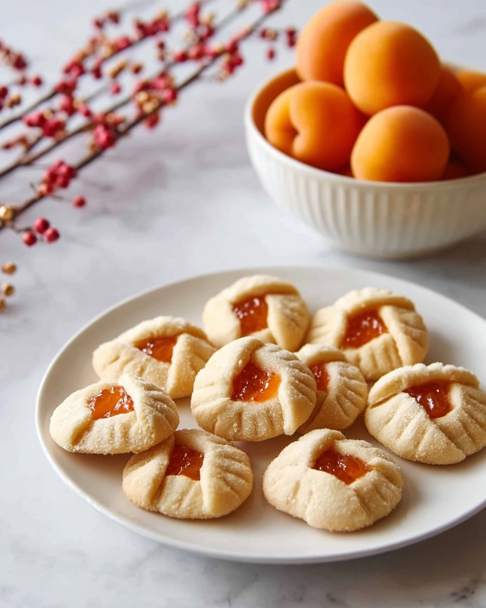 A white plate holds nine pastry cookies arranged softly in a loose circle. Each cookie has two folded layers of light golden dough with a slightly crinkled edge, forming a small open pocket that shows a glossy, rich orange jam inside. The dough looks tender and slightly puffy, with a gentle matte texture contrasting the smooth, translucent jam. In the background, a white bowl filled with four smooth-skinned, round orange apricots sits on a white marbled surface, adding a natural touch alongside a few delicate red berry branches to the left. The scene is bright and softly lit, creating a fresh and inviting look. photo taken with an iphone --ar 4:5 --v 7