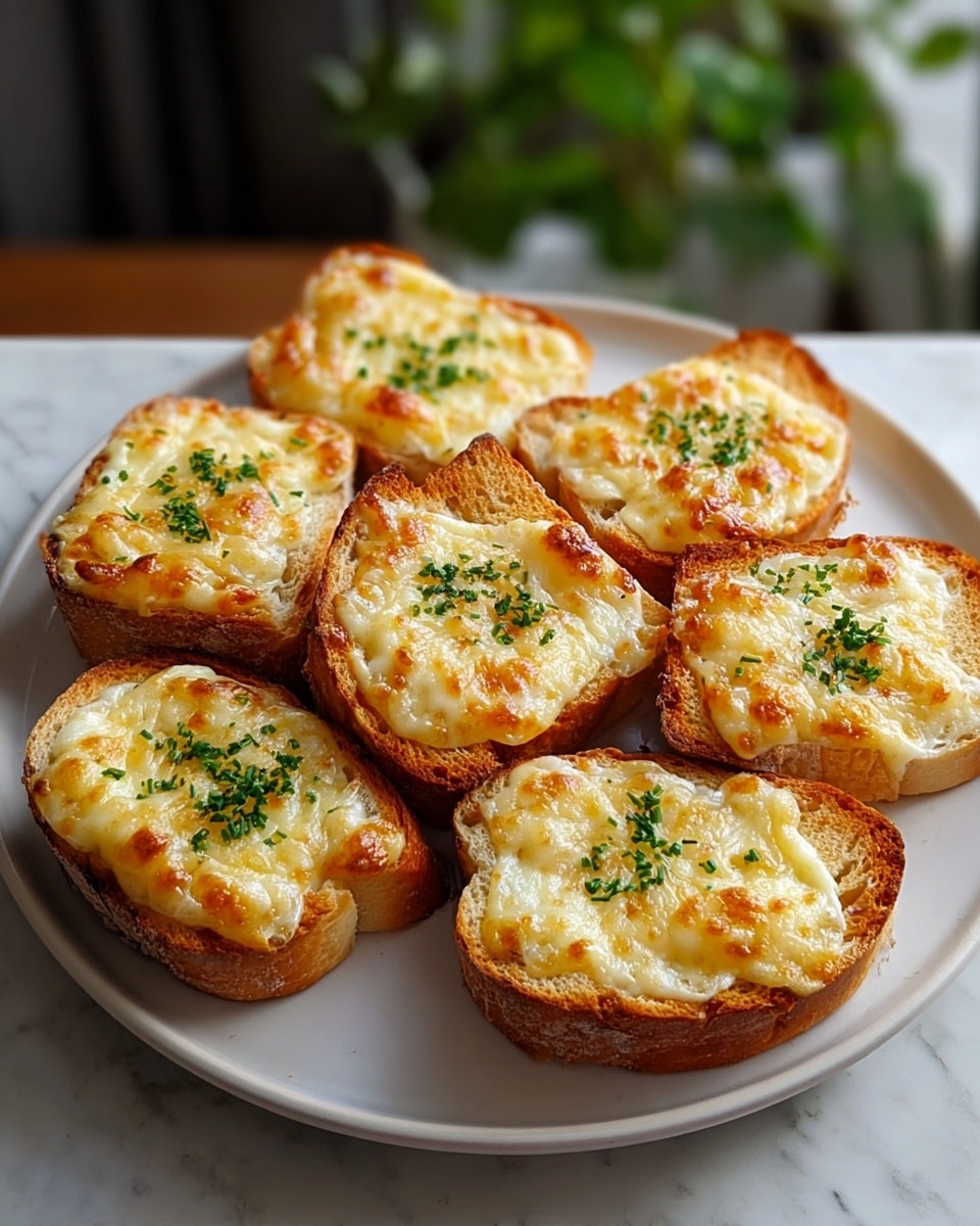 The image shows a white plate with seven pieces of toasted bread arranged in a close cluster. Each bread slice has one thick layer of melted, golden-brown cheese on top that looks bubbly and slightly crispy around the edges. On the cheese layer, there are small scattered green herb sprinkles that add a fresh look. The bread's crust is a warm golden color, and the inside is soft and light. The plate is set on a white marbled surface with soft lighting, hinting at a cozy indoor setting. photo taken with an iphone --ar 4:5 --v 7