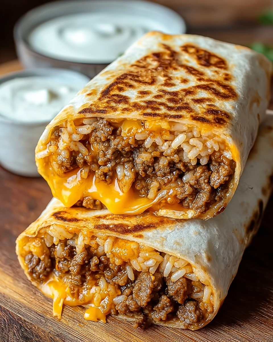 A close-up of a toasted burrito resting on a white marbled surface, showing three visible layers inside: the bottom layer is cooked ground beef mixed with rice in a brown texture, the middle layer is melted bright orange cheddar cheese oozing out, and the top layer is a dollop of white sour cream. The burrito is wrapped in a tortilla with browned grilled marks crisscrossed on top, and more melted cheese covers the tortilla surface. In the blurred background, there is a small white bowl filled with sour cream. Photo taken with an iphone --ar 4:5 --v 7