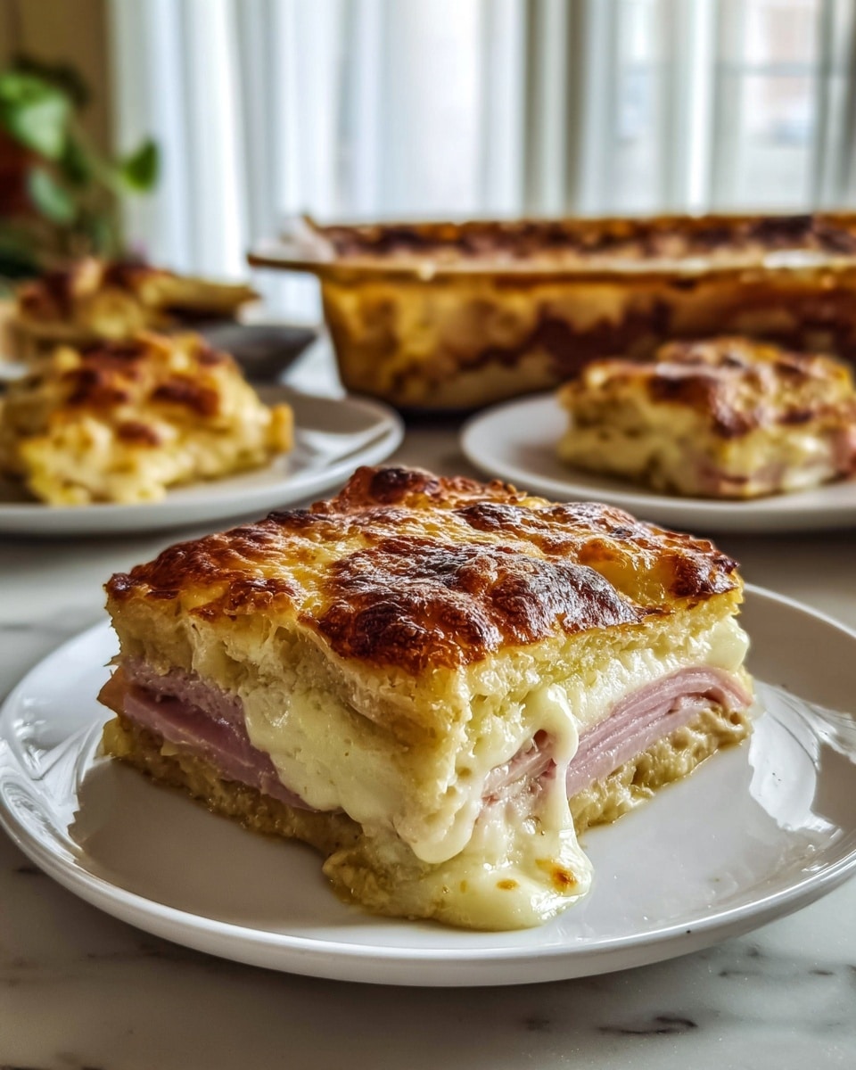 A close-up of a single square slice of a baked casserole on a white plate with a ridged rim, showing three layers: the top layer is a golden-brown crispy textured crust, the middle layer is melted white cheese mixed with diced pink ham chunks, and the bottom layer is a soft, beige baked base that looks slightly crumbly. In the background, there is a clear glass baking dish with the rest of the casserole, placed on a white marbled surface with a blurred kitchen scene. The lighting highlights the melting cheese and crispy crust details. photo taken with an iphone --ar 4:5 --v 7
