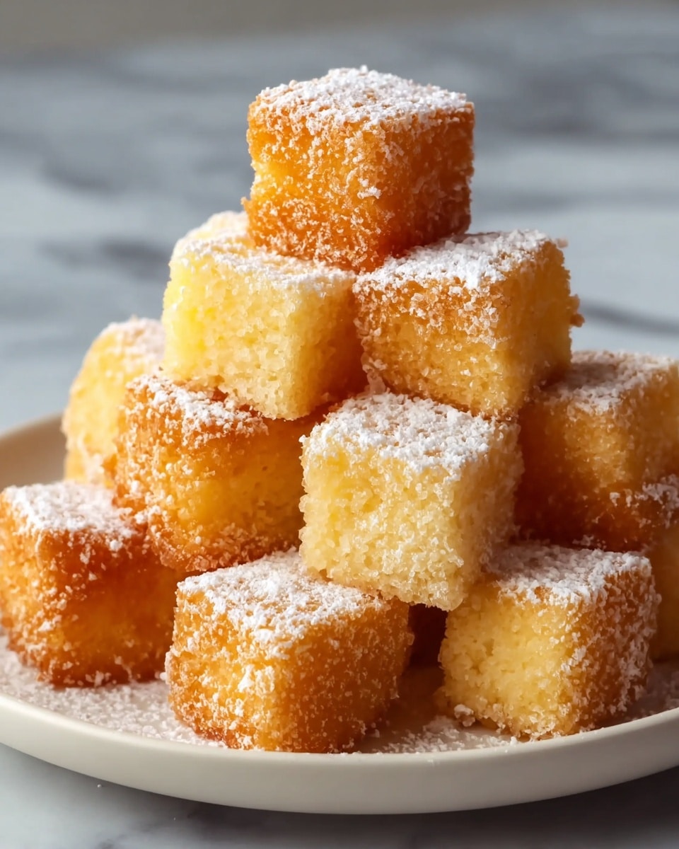 A white plate holds a pile of small, golden-brown cubes with a crispy outer layer and soft, light yellow inside. Each cube is dusted with a fine layer of white powdered sugar that adds a gentle contrast, making the cubes look sweet and inviting. The cubes are stacked in a pyramid-like shape, showing their crunchy sides and soft centers clearly. The background shows a white marbled texture, making the warm colors of the cubes stand out. photo taken with an iphone --ar 4:5 --v 7