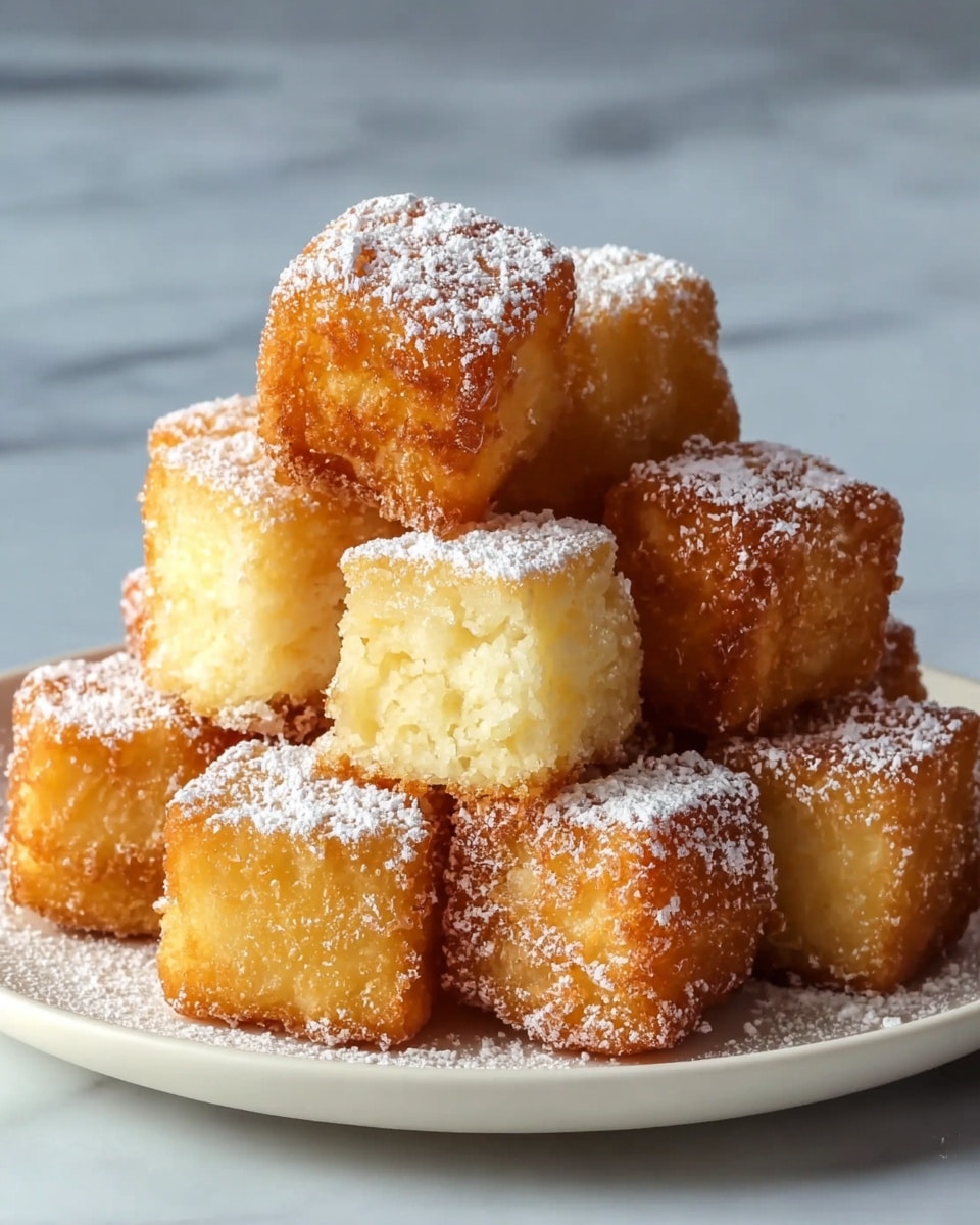 A white plate holds a small stack of golden brown fried cubes, each about the size of a large sugar cube. The cubes have a crispy, slightly rough surface with a light, fluffy inside that is pale yellow. They are dusted with a fine layer of white powdered sugar that contrasts with the deep golden color of the fried exterior. The cubes are piled loosely, some resting on others, showing their cube shapes clearly. The background is a white marbled texture, giving a clean and simple contrast to the warm colors of the cubes. Photo taken with an iphone --ar 4:5 --v 7
